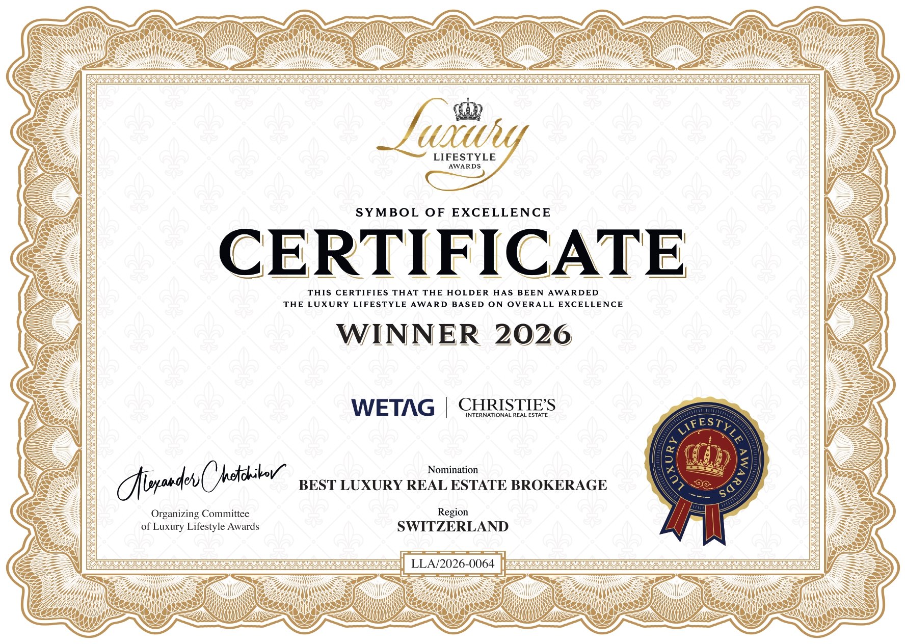 WETAG wins the title of Best Luxury Real Estate Brokerage in Switzerland for the fourth time