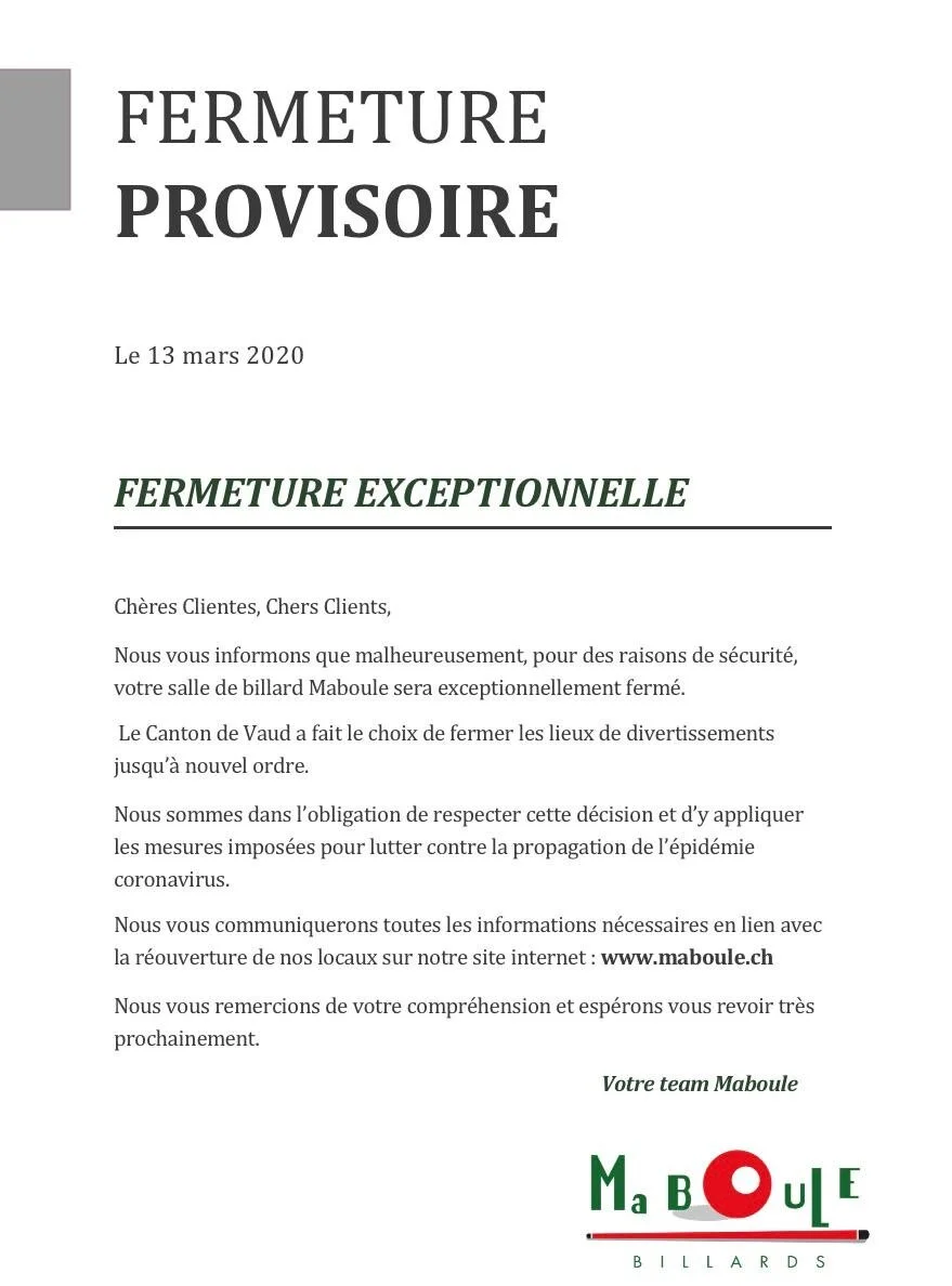 FERMETURE EXCEPTIONNELLE