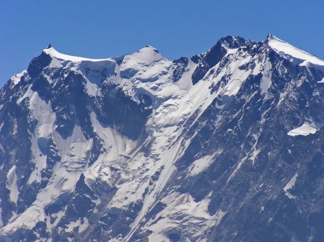 Monte Rosa 2nd highest peak of the Alps, looking at the impressive Marinelli Couloir seen from Macugnaga, Italy