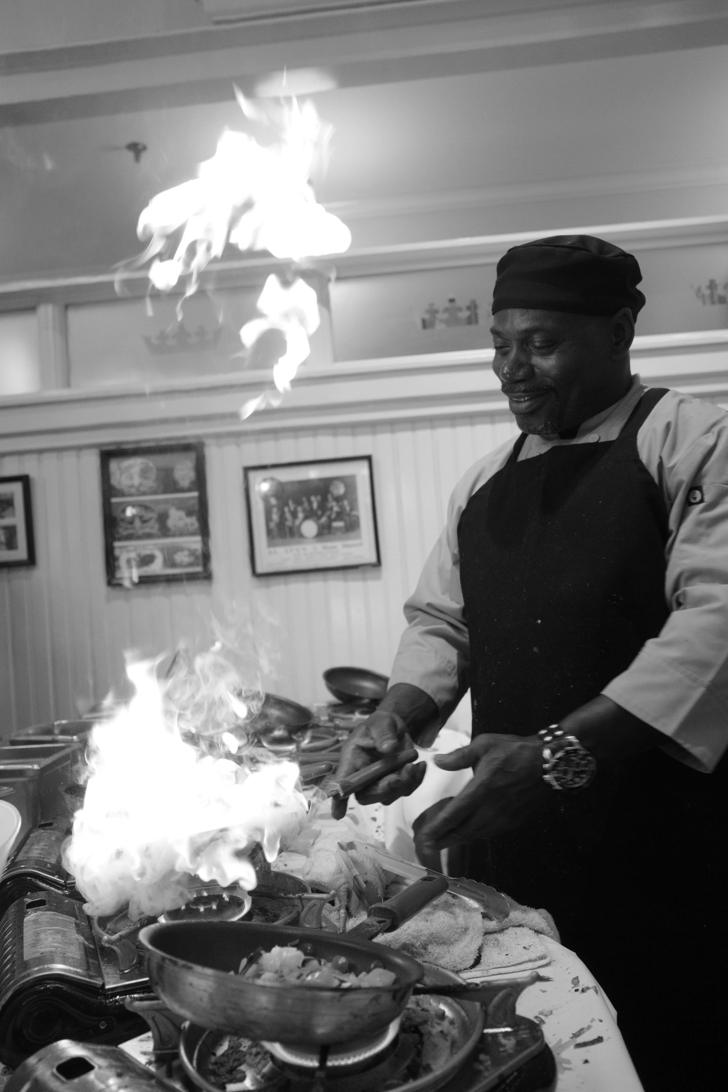 Shorty flambéing omelettes