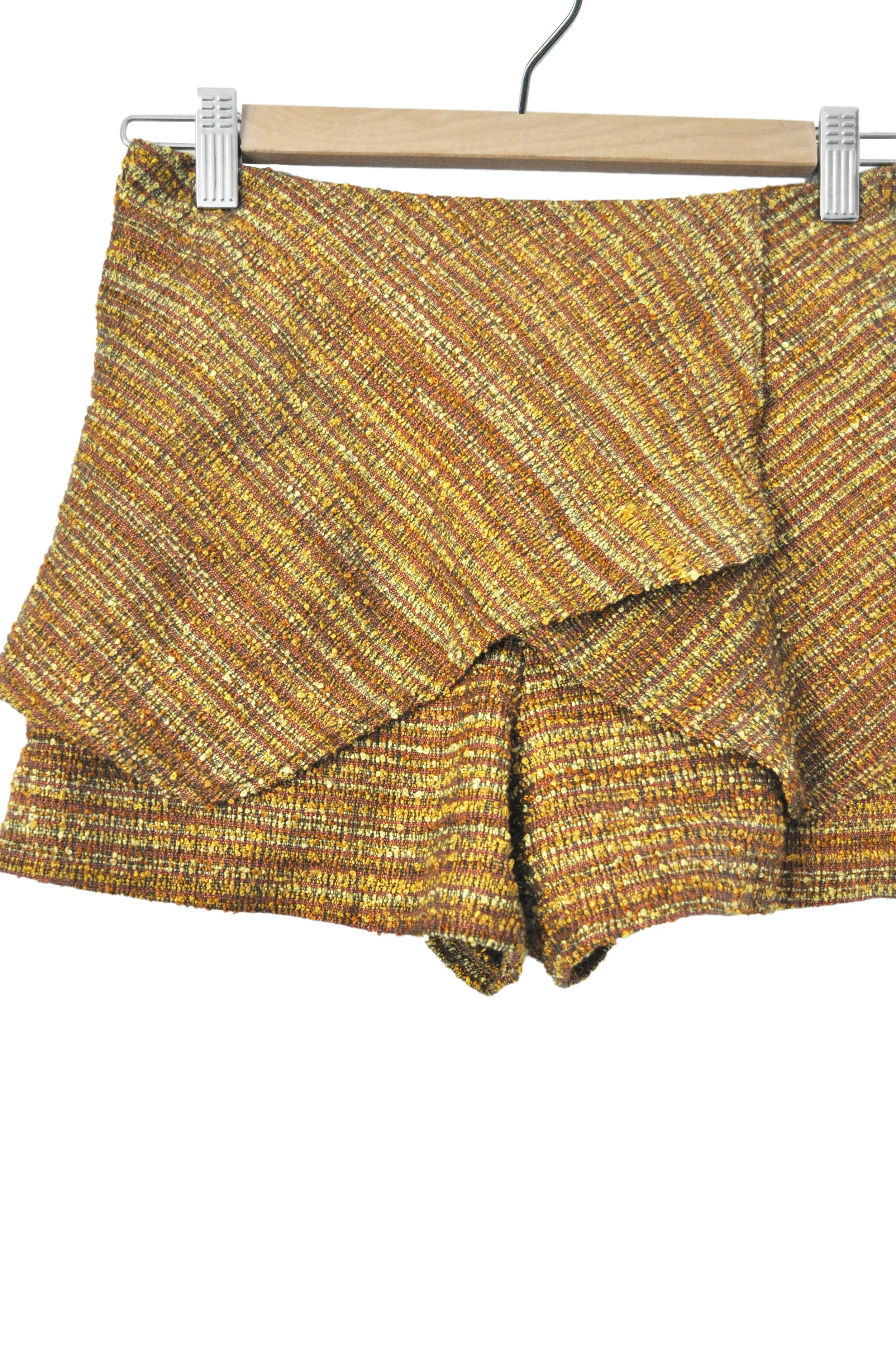 womens mustard yellow tweed wrap short