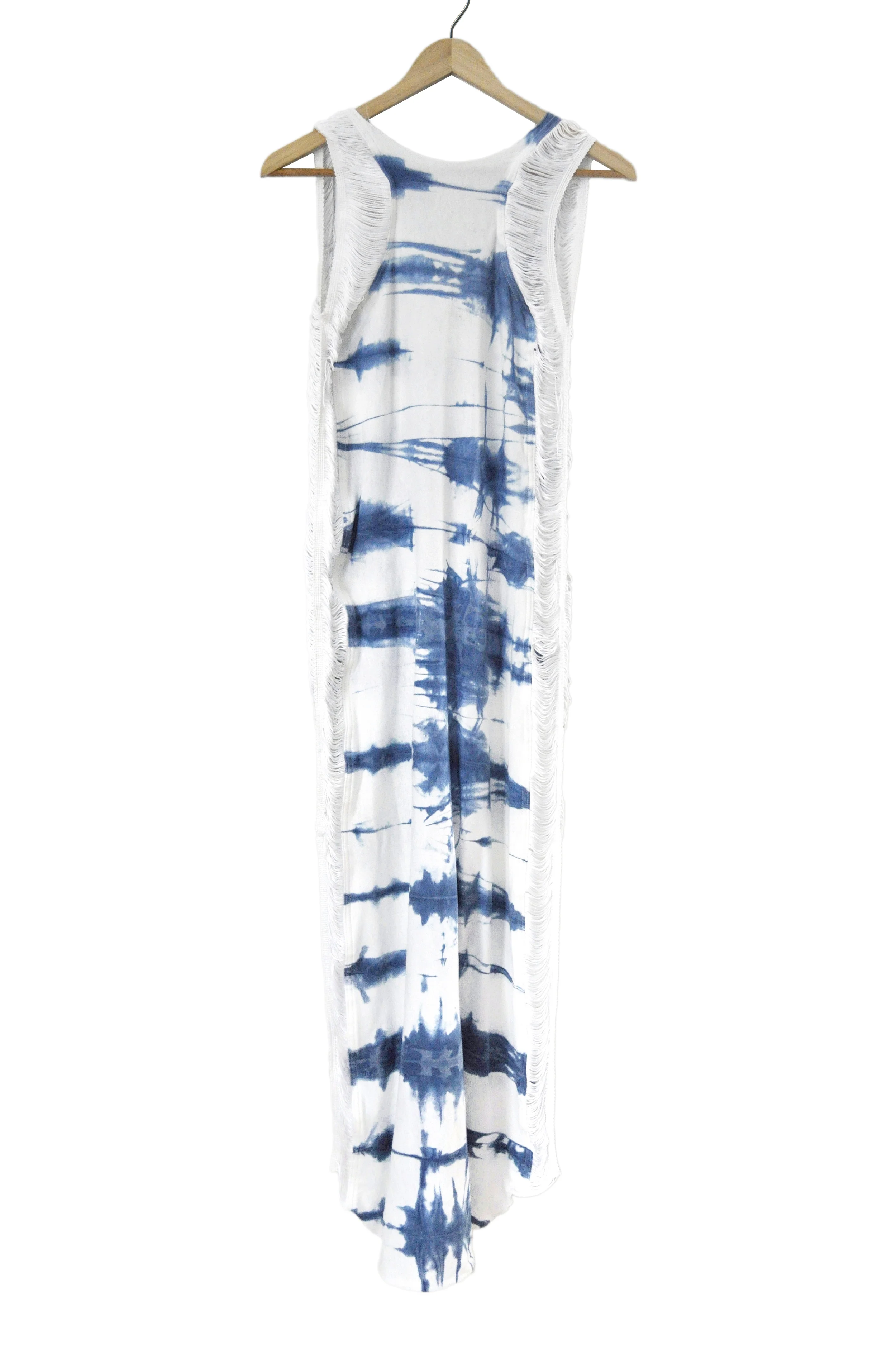 womens shibori dyed maxi tank dress with chainette fringe side