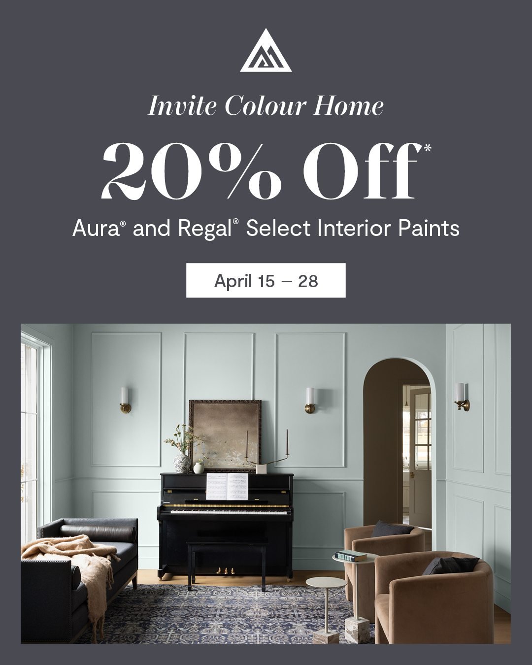 Bring beauty to every room with harmonious hues and luxurious paint. Shop at our locally owned store today and save 20%* on Benjamin Moore Aura&reg; and Regal&reg; Select interior paints.

*Discount offer valid for 20% off up to three 3.79 L cans of 