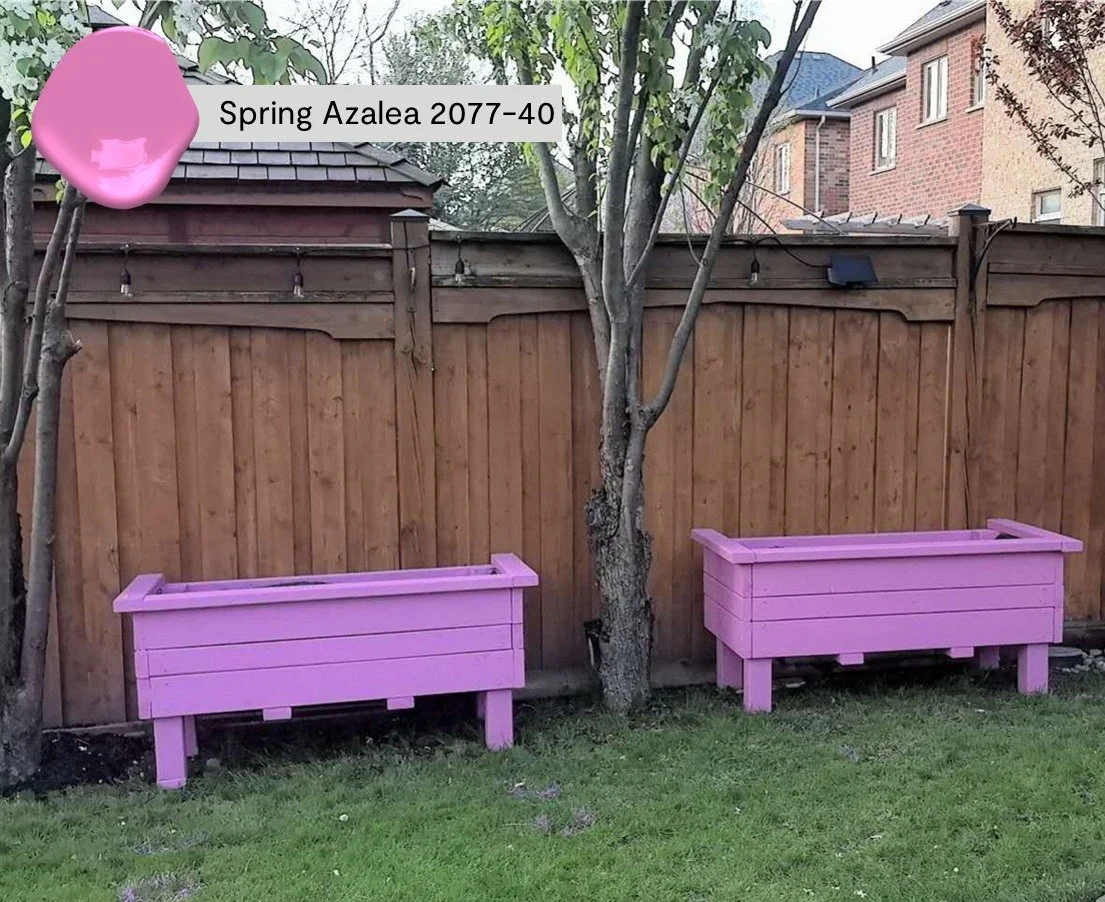 Not every colour is recommended for exterior but if you're okay with a refresh here and there, the possibilities are almost endless! Our customers used Spring Azalea 2077-40 for the garden boxes in their backyard to add a bright pop of colour against