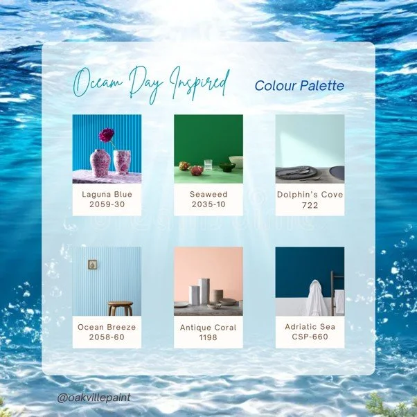 Celebrate our oceans on World Ocean Day with this Benjamin Moore colour palette we have put together. The ocean is full of life and beautiful colours that range from soft pastels to dark and deep colours. Find just about any colour from nature in Ben