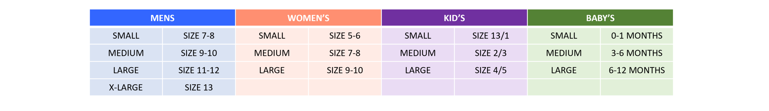 snoozies size chart