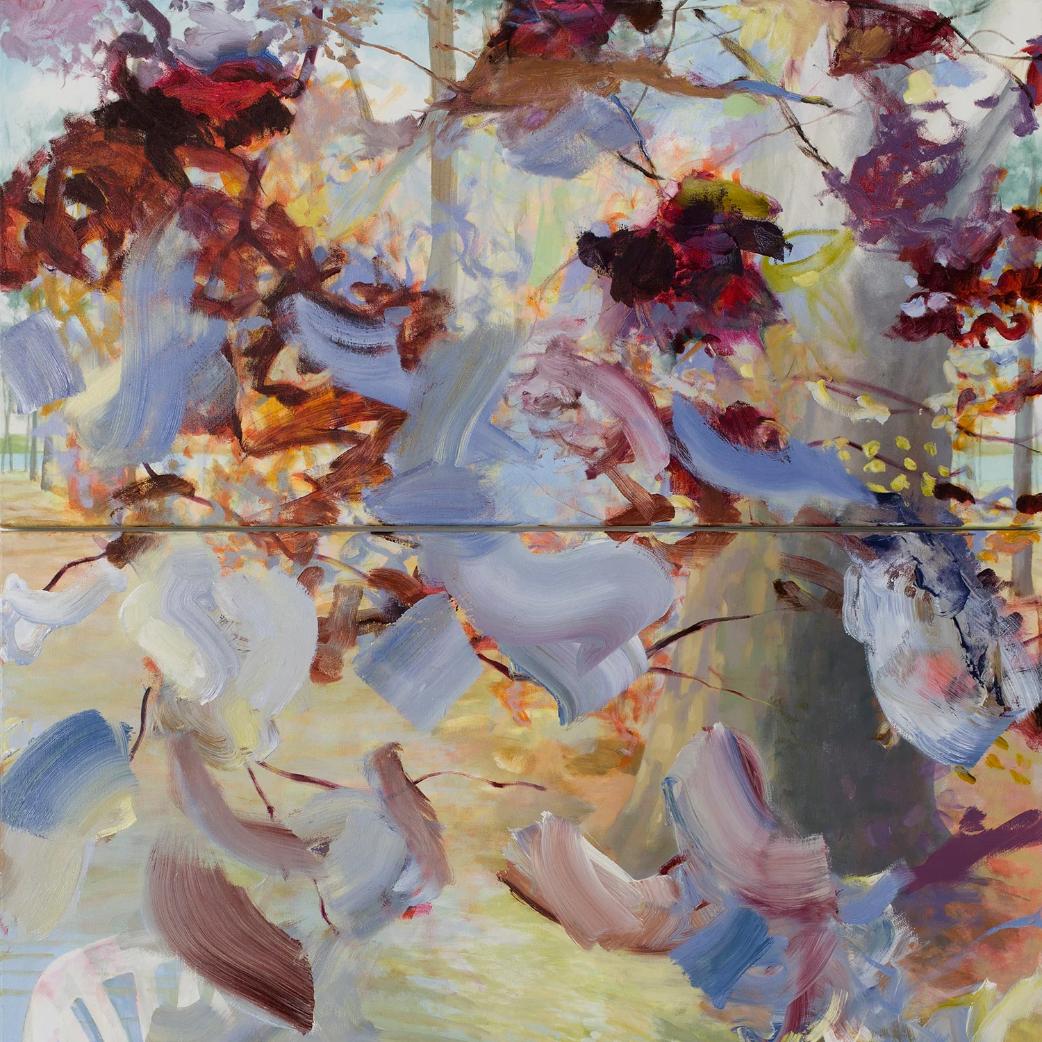 The Temperature of the Air IV (detail) Upper panel: 29 × 57 inches 73.7 × 144.8 cm Lower panel: 55 × 57 inches 139.7 × 144.8 cm Total dimensions: 85 × 57 inches 215 × 146 cm Oil on canvas 2012