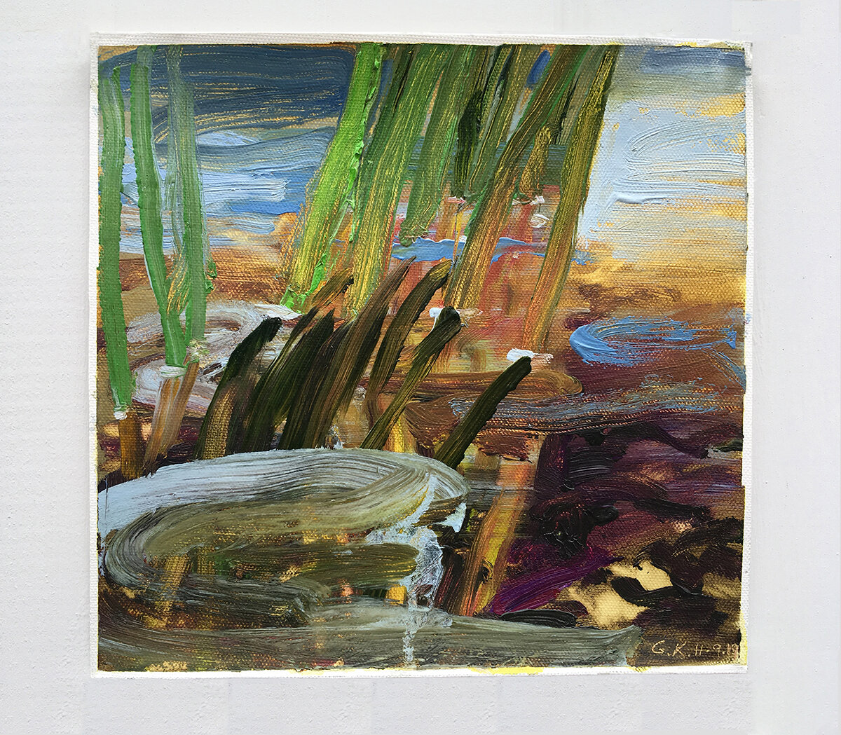   Study for Pond on Wheels X   Oil on canvas 8 ¼ x 8 ¾ inches  21 x 22 cm 2019 