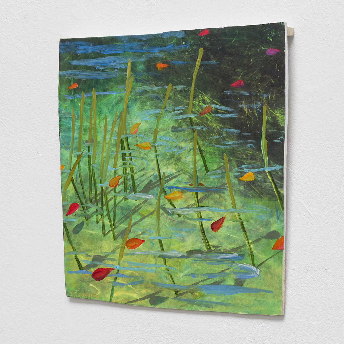   Study for Pond on Wheels IX    Oil on photocopy on wood  14 x 13 ½ x ¾ inches  36 x 34 x 2 cm 2019 