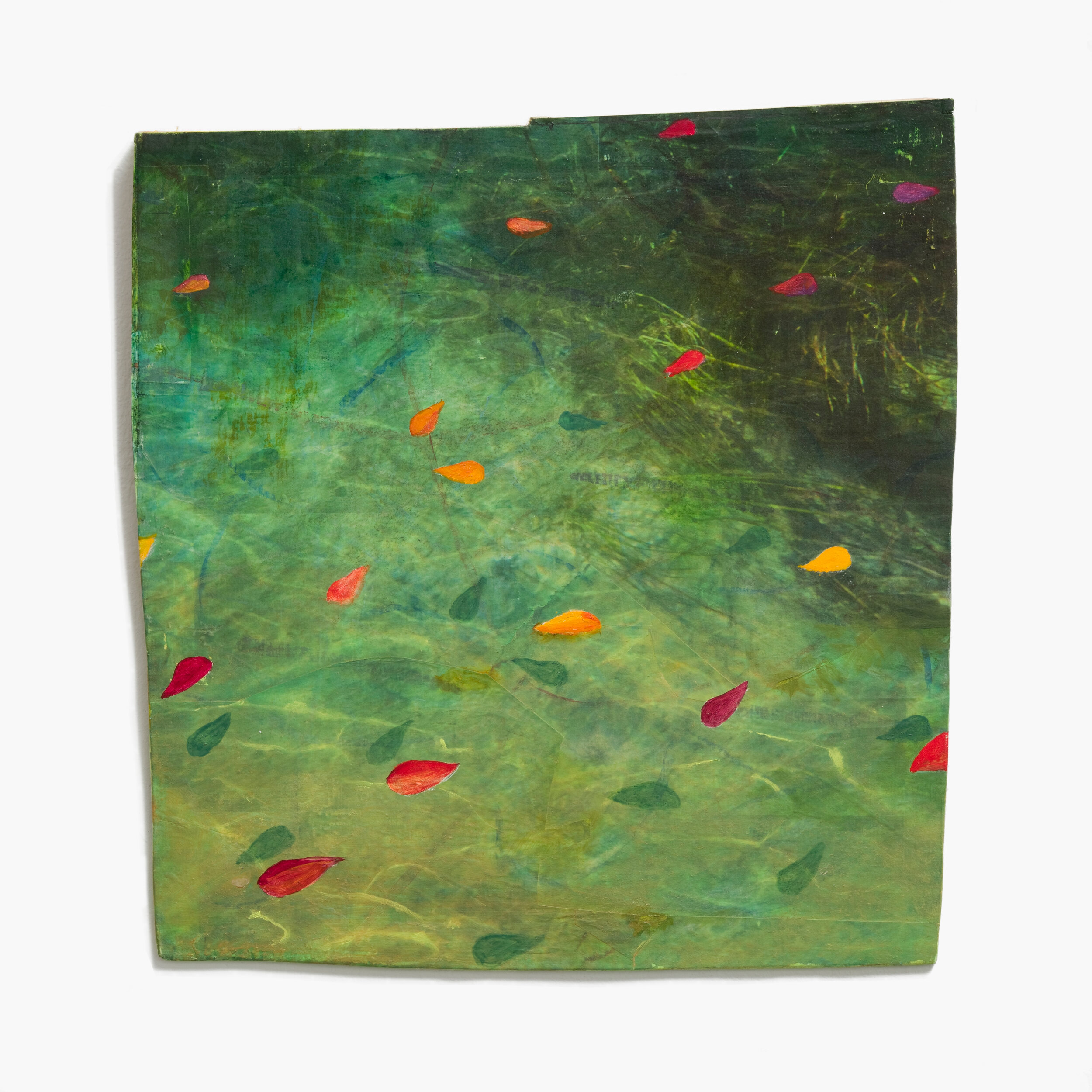   Study for Pond on Wheels V     Oil on photocopy on wood  14 x 13 ½ x 1 inches  36 x 34 x 2 cm 2019 