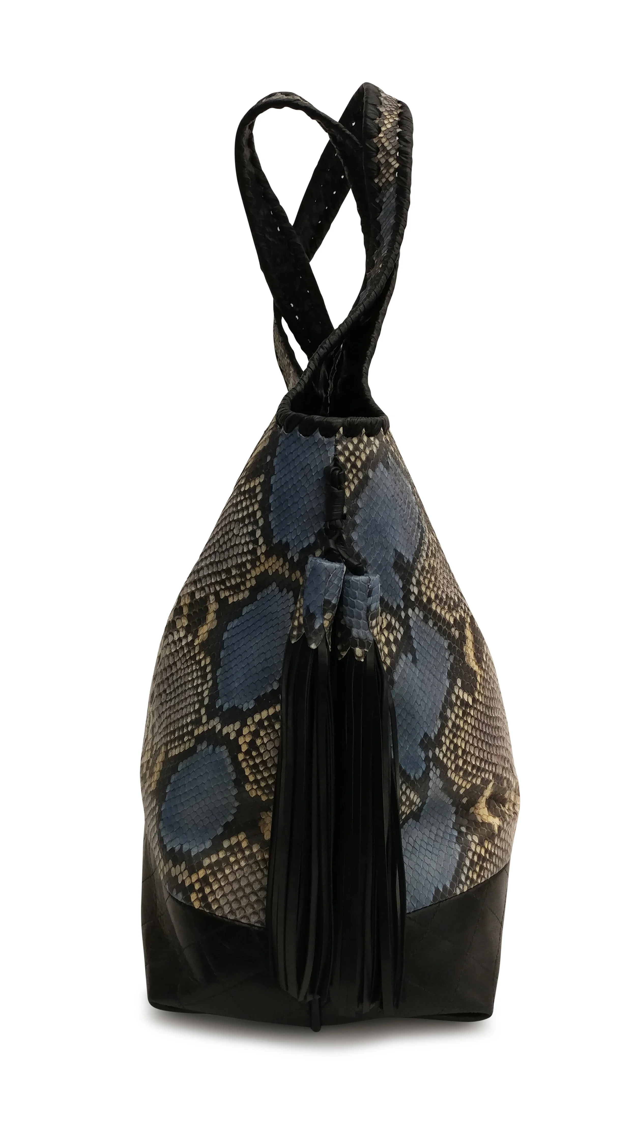 Stella Hobo Handbag Blue Mix Genuine Python Black Leather With Tassels With Tassels