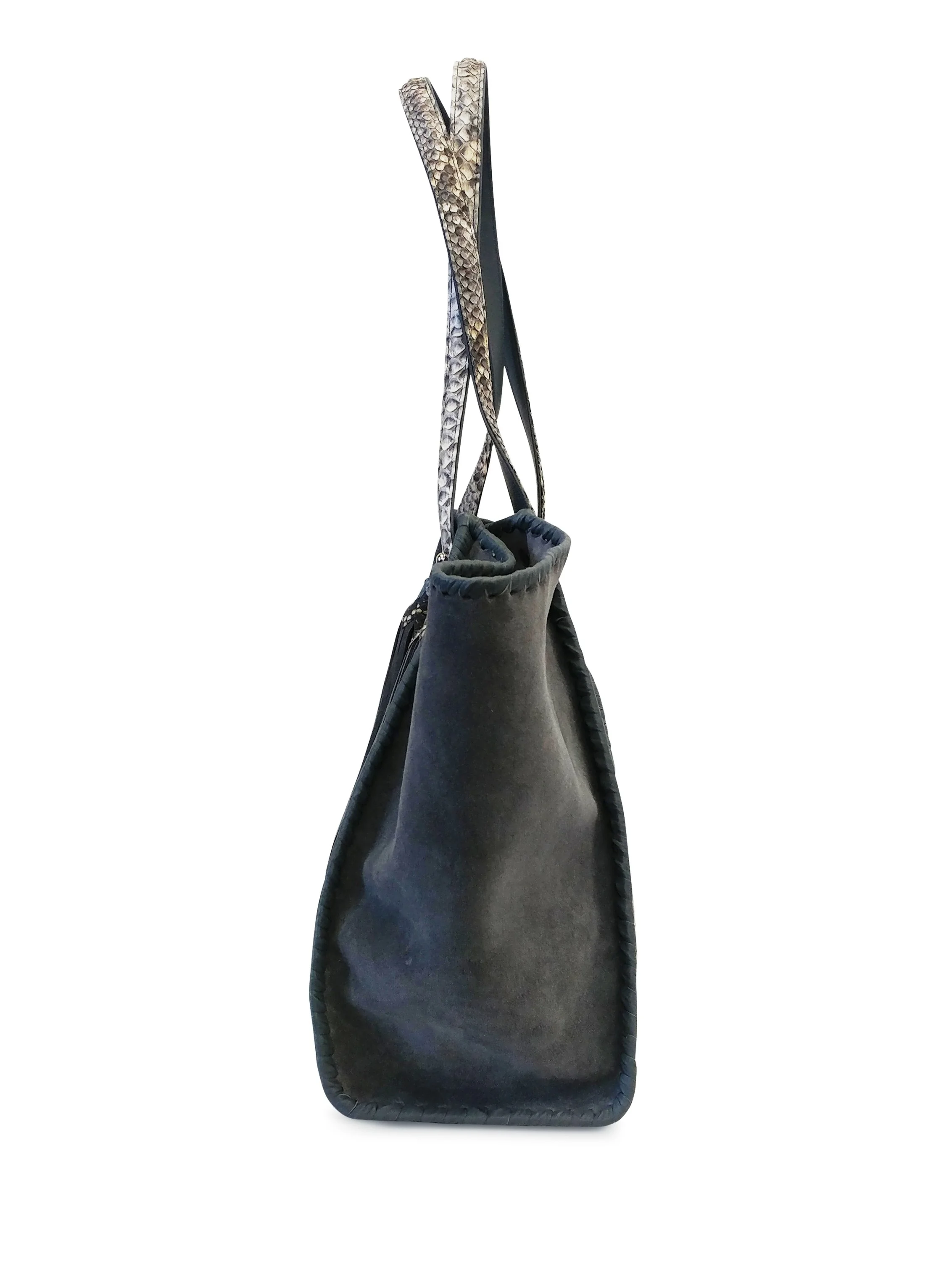 Amelia Large Tote Handbag Blue Mix Genuine Python Gray Suede With Tassels
