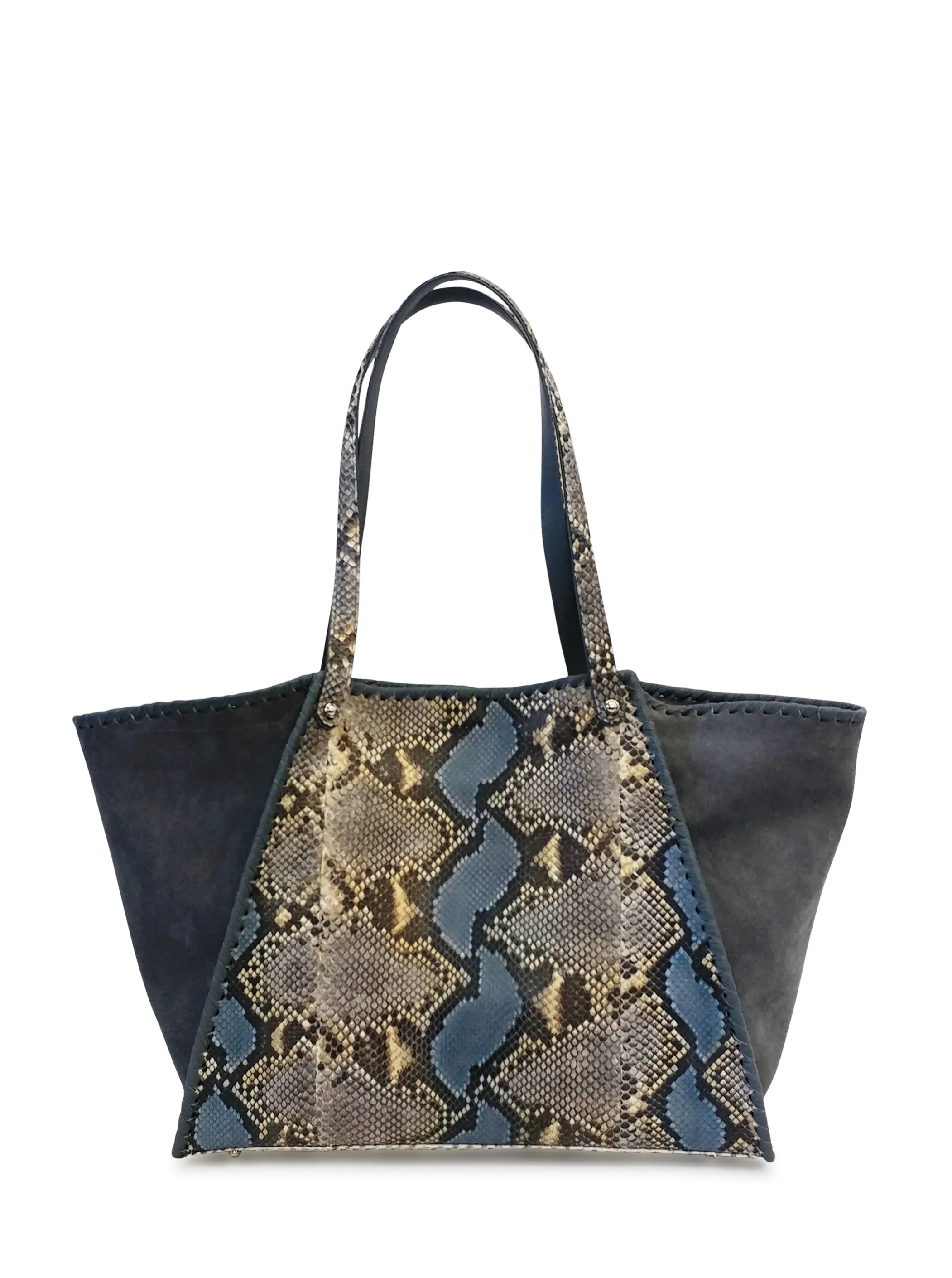 Amelia Large Tote Blue Mix Genuine Python Gray Suede With Tassels