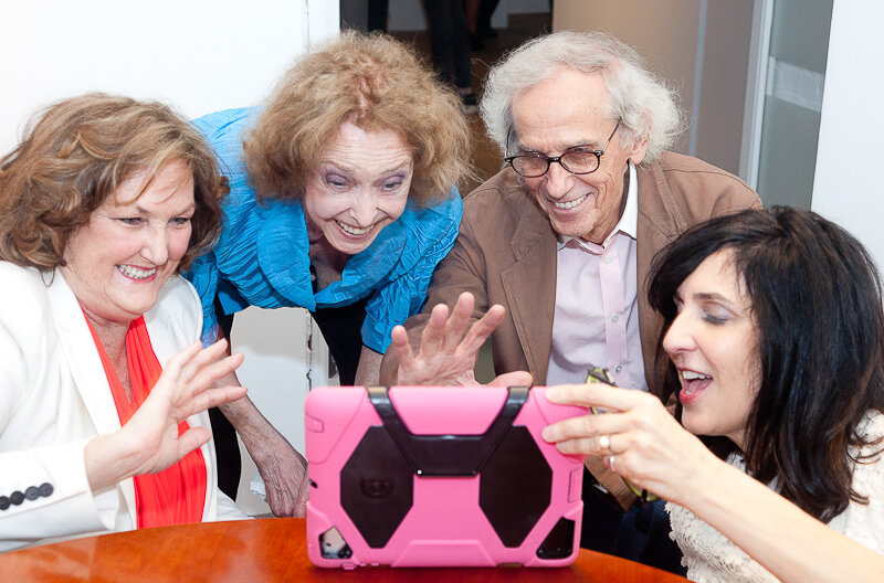 Kristine Stiles, Carolee Schneemann, Christo & Gabrielle Selz talking to Peter Selz who is on the pink Ipad .jpg