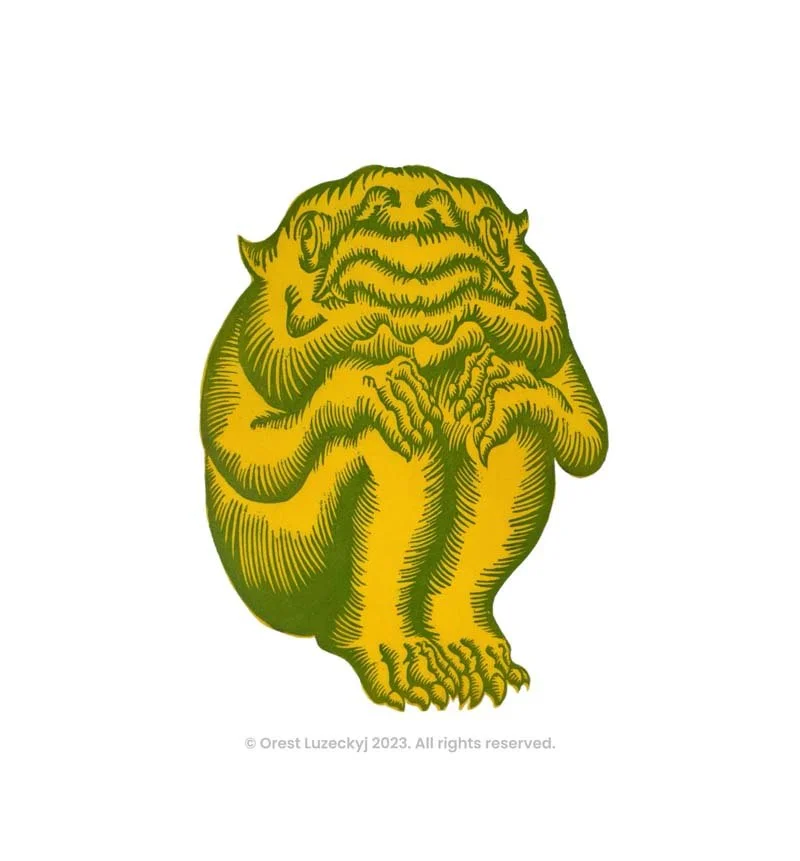  Artwork and Photography by Orest Luzeckyj. Titled Seated Goblin Woodcut. © Orest Luzeckyj 2023. All rights reserved. 
