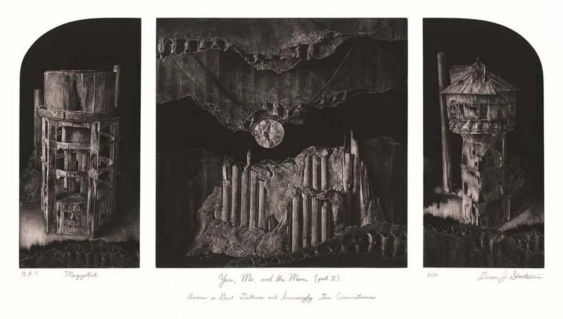  "You, Me, and the Moon (Part II) Across a Great Distance and Increasingly Dire Circumstances" Mezzotint triptych by Devon Stackonis 