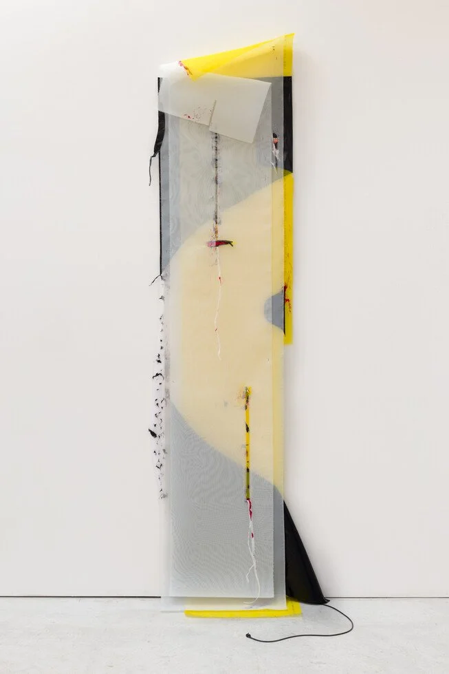  Phantom #17 2024 Polyester mesh &amp; fabric, plastic bags, silicone tubing, Mylar, staples, eyelets, T-pins, 105 x 36 x 17 inches 
