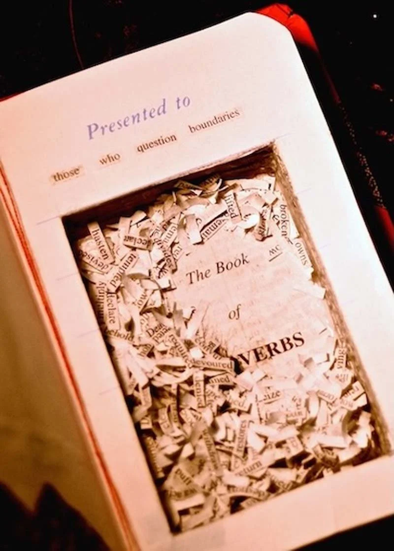  Book of Verbs, artist book, 7x10x2 cm: From the worn pages of a Bible, I harvested every verb—action words severed from their sentences, freed from doctrine. It is “presented to: those who question boundaries.” Actions outlast their utterance, leavi