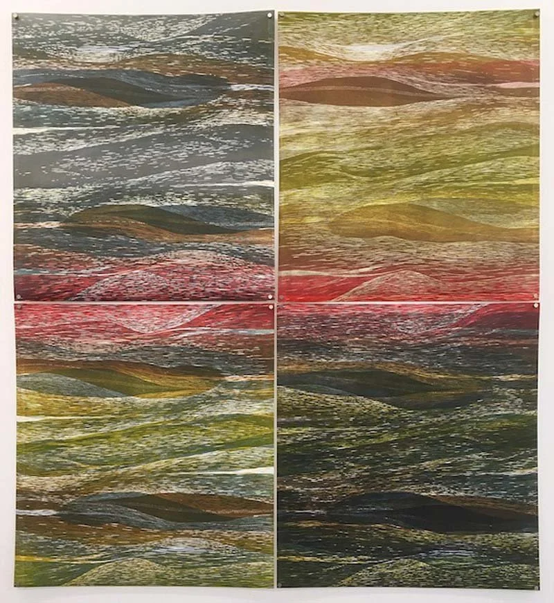  Depth, quadtych woodcut, 160x165 cm: Born from the memory of an Irish cave, these carved panels hold the pulse of water and stone. Like time itself, they flow and settle—layer upon layer—shaped by the patient hand of seasons. In these striations of 