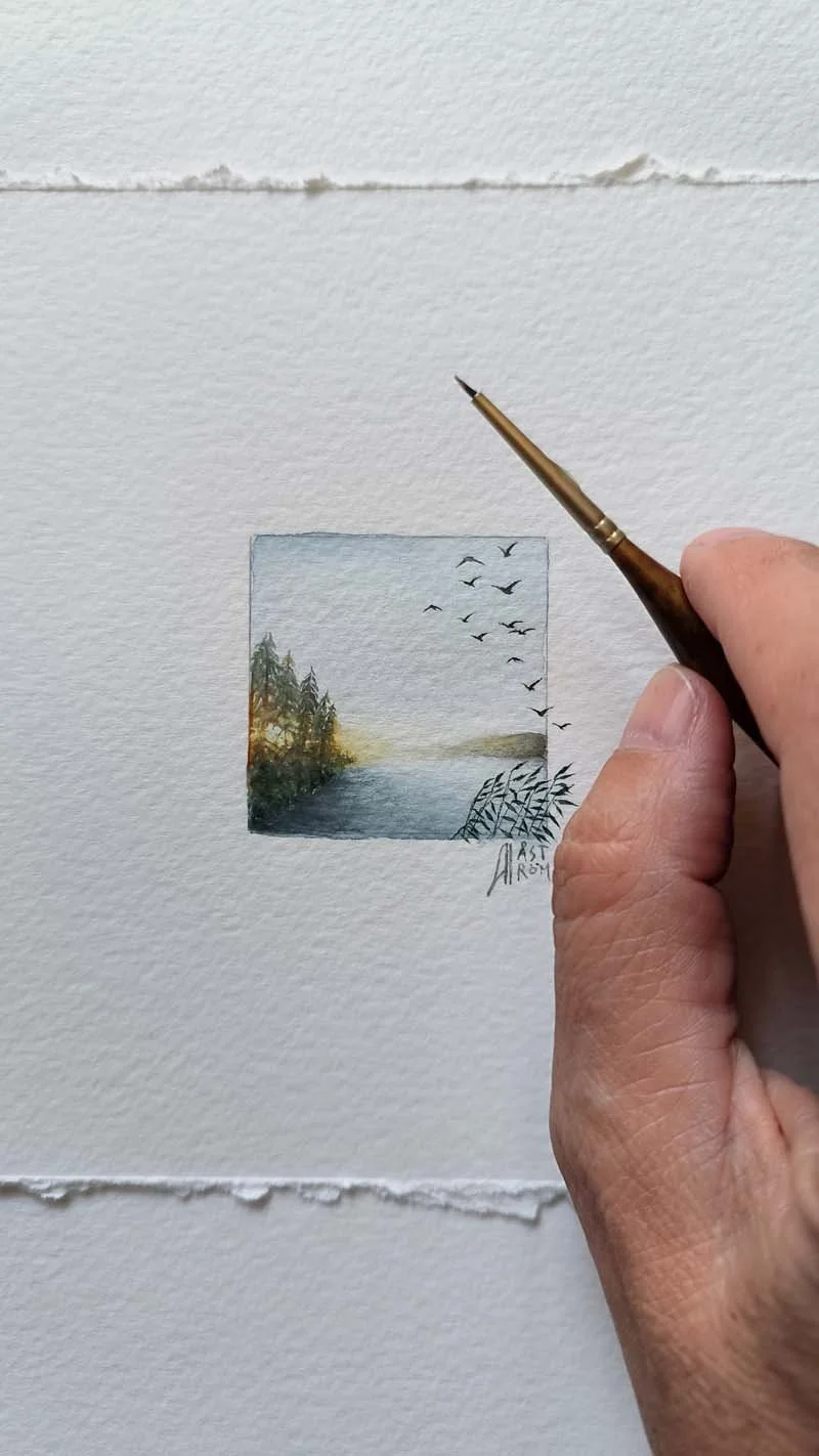  "Golden hour", tiny triptych: 4x4 cm x3, classic watercolor + golden details, 2025 