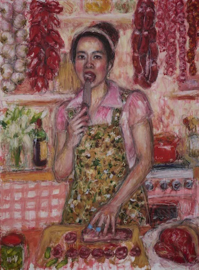   Betty With Knife , 2025, oil, oil pastel, oil bar, and acrylic on linen, Courtesy of the artist and Soy Capitán. 