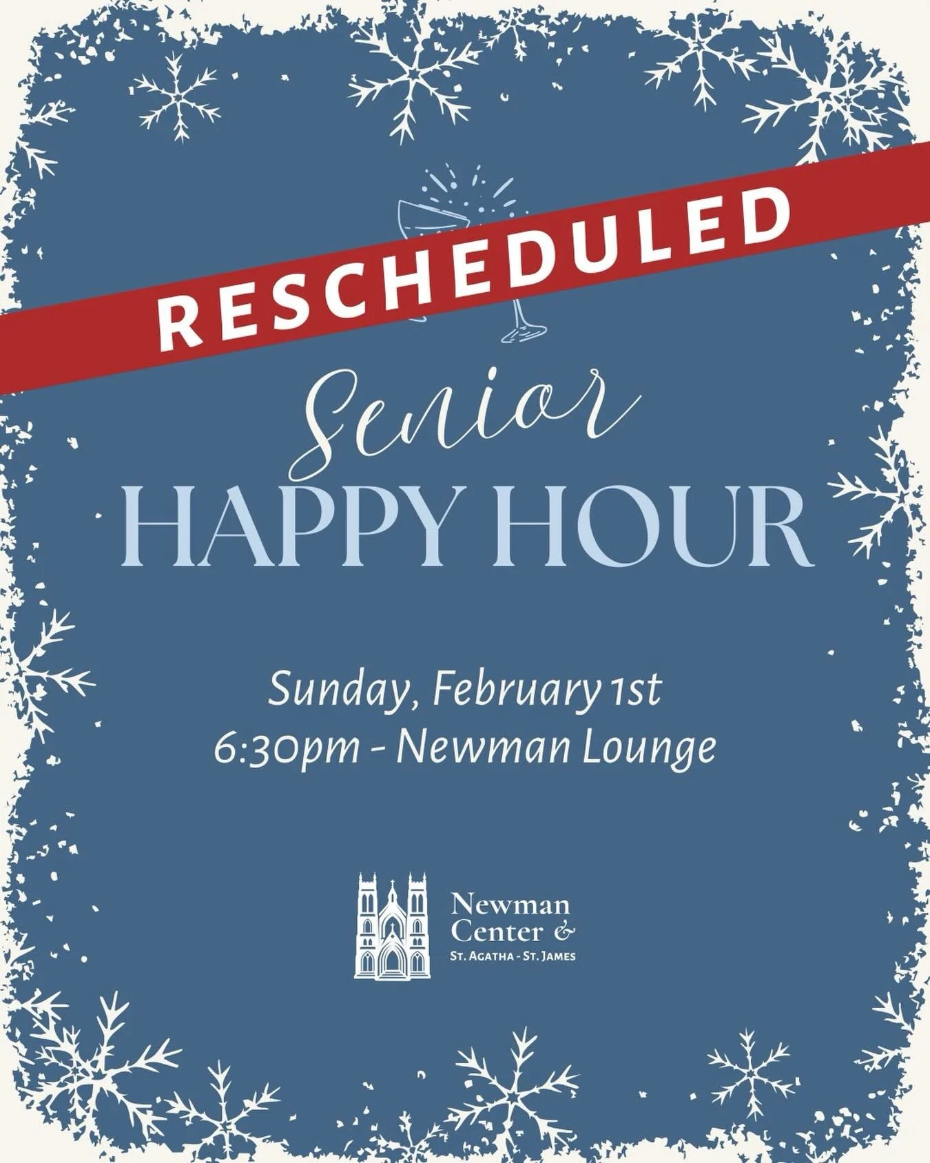 Hey seniors! Happy hour is back on for NEXT SUNDAY, Feb 1st, after the 5:30pm Mass! We can&rsquo;t wait to hang with you all!