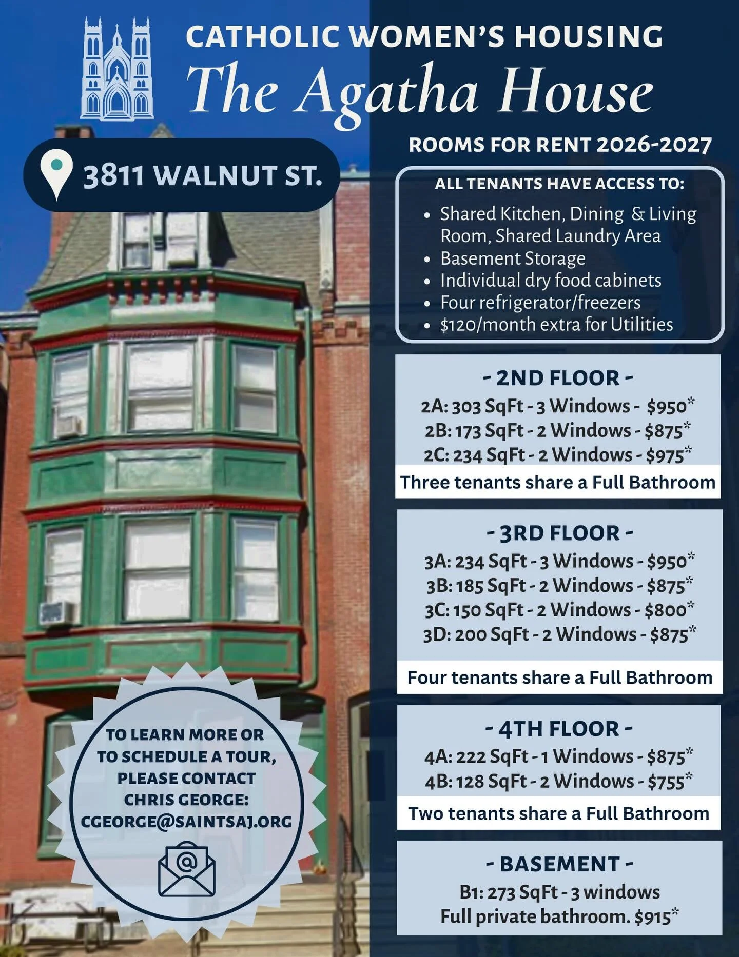 Did you know that the Newman Center owns a residence for undergrad and young adult women? Located at 3811 Walnut Street, The Agatha House is newly renovated, and an easy distance to Penn and Drexel. There are rooms available for next school year &mda