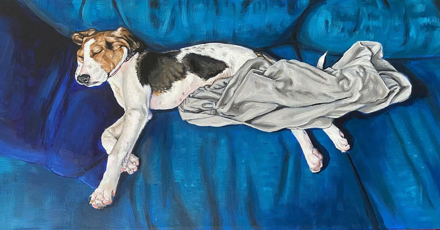 Here&rsquo;s a painting of our stubborn, sleepy, and adorably naughty puppy, Humphrey. Thank you to @waysidewaifs for bringing this little ball of personality into our lives. 
.
#puppypainting #petportrait #petsofinstagram