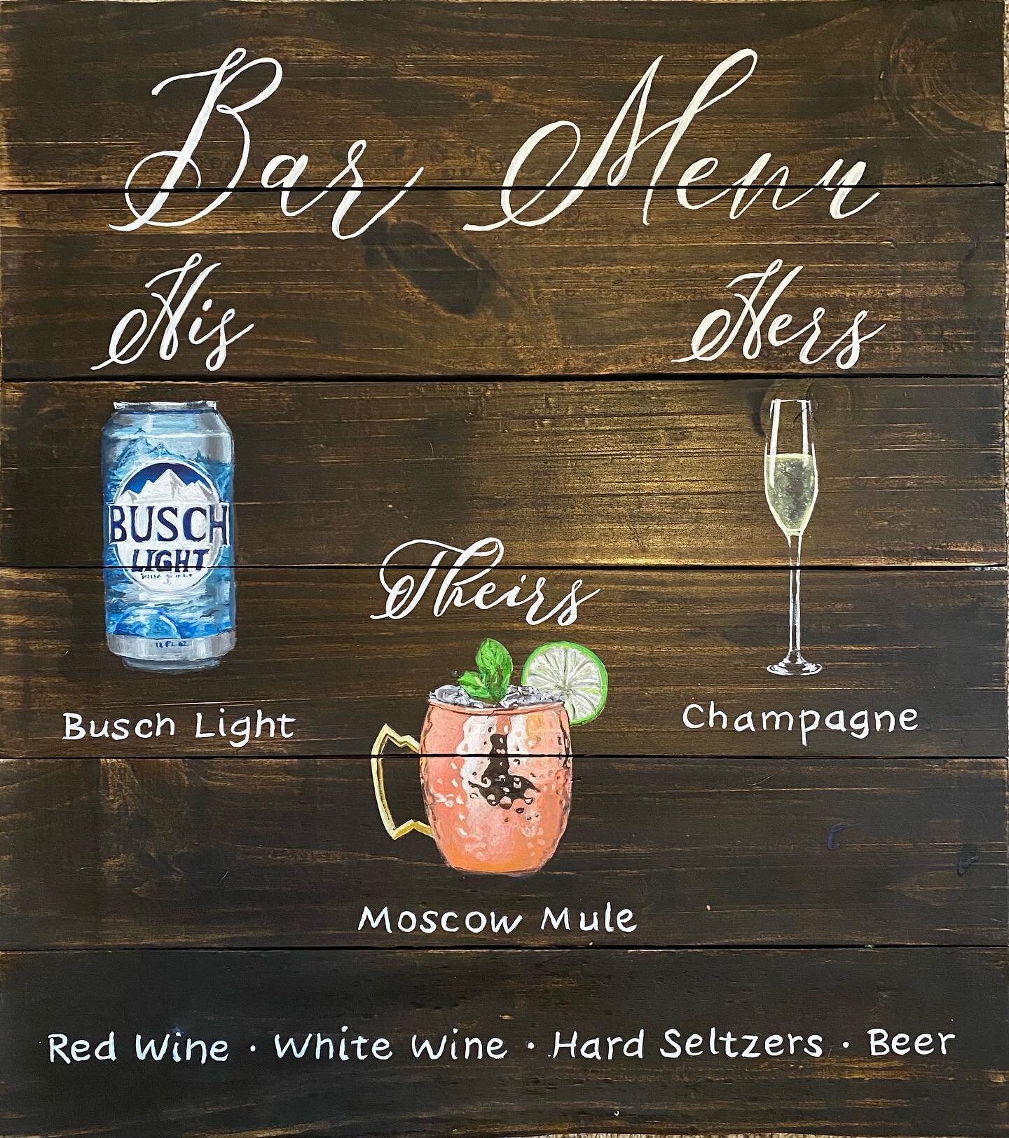 Here&rsquo;s the Bar Menu sign I painted for the lovely Wood wedding. Apologies for any sudden cravings for Busch Light you might be  experiencing 😜
#cheers