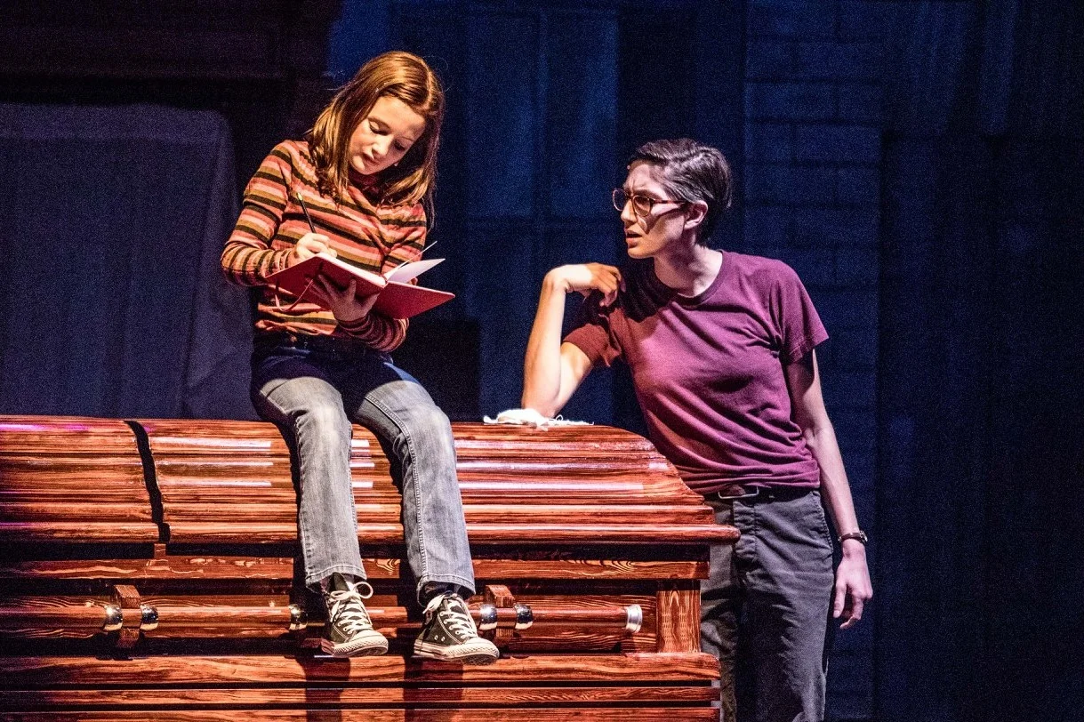 River Navaille as Alison Bechdel in 'Fun Home' with Colette Gsell as Small Alison. Pacific Repertory Theater, 2018. Photo by Patrick Tregenza.