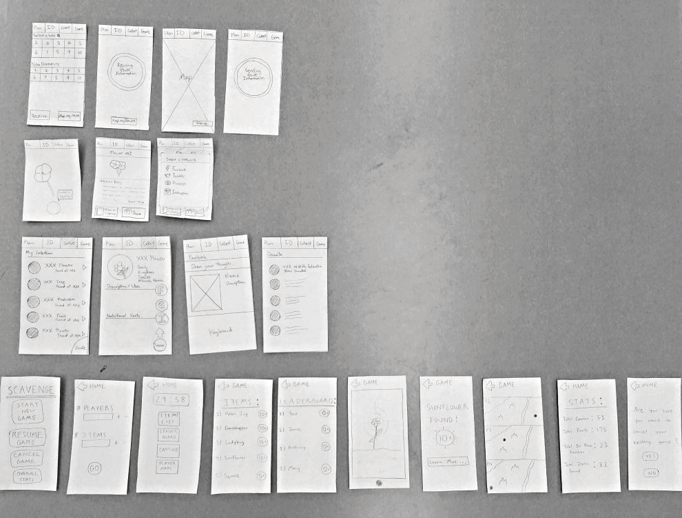 Paper prototype in order of functionality (Plan, ID, Collect, Game) from top to bottom
