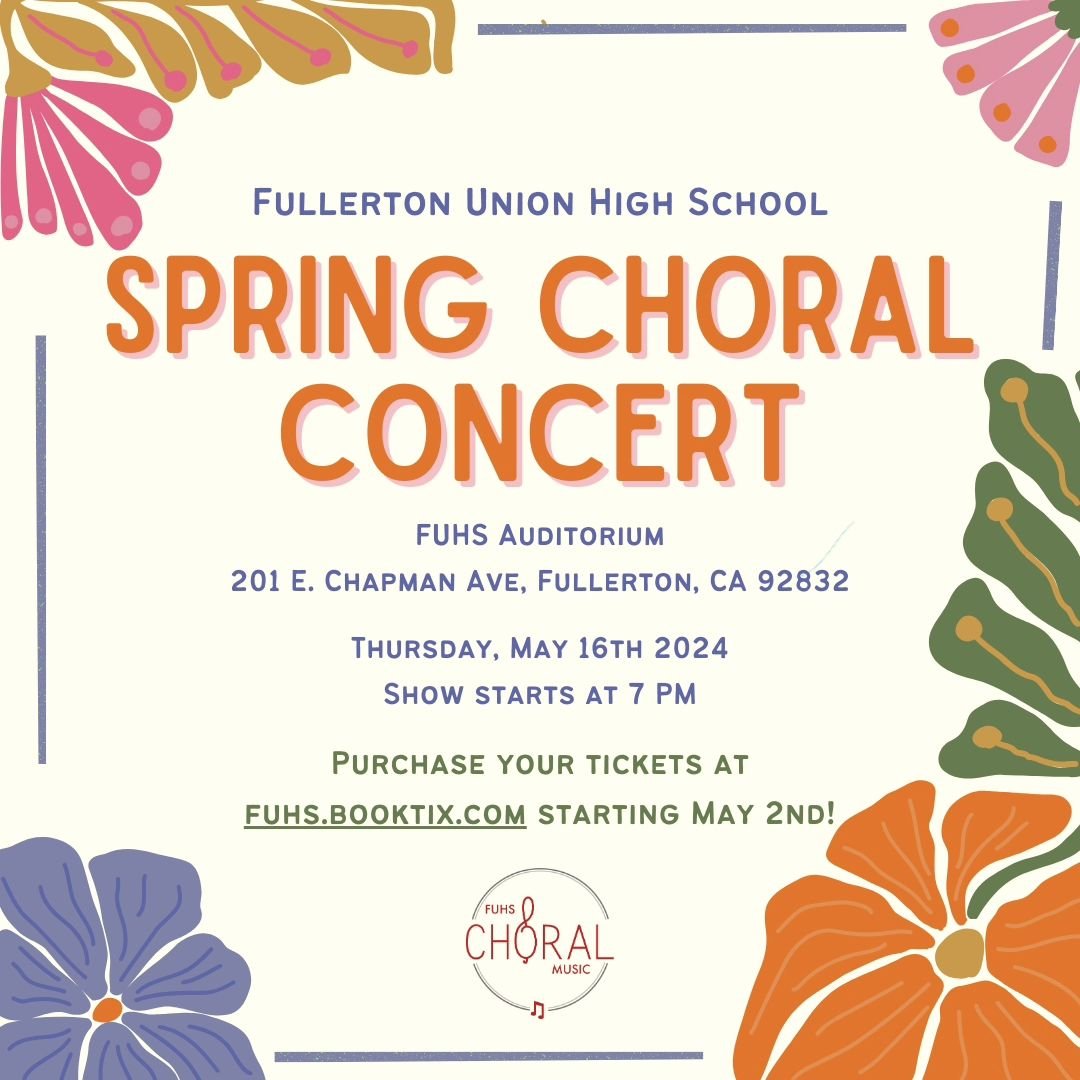 Join us for the Spring Choral Concert on May 16th @ 7pm in the FUHS Auditorium. 

Tickets will go on sale this Thursday, May 2nd at fuhs.booktix.com. The tickets are $15 online and at the door with open seating.

We hope to see you there❤️🎼