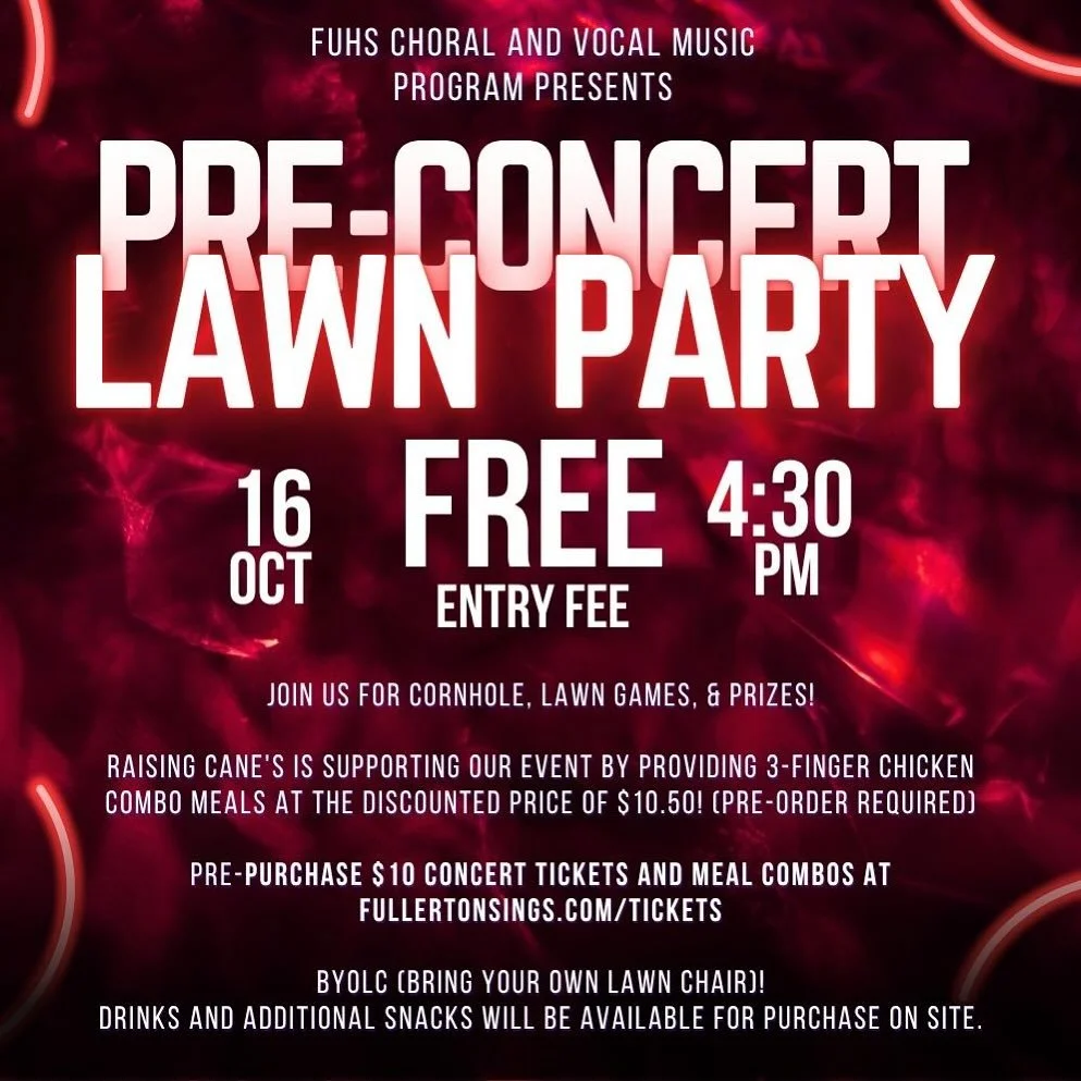 You&rsquo;re invited to our pre-concert lawn party at 4:30! On October 16,  bring a picnic dinner or pre-order Raising Canes for a pre-concert get together with cornhole, games, and prizes! Bring your lawn chairs and don&rsquo;t forget to wear your F
