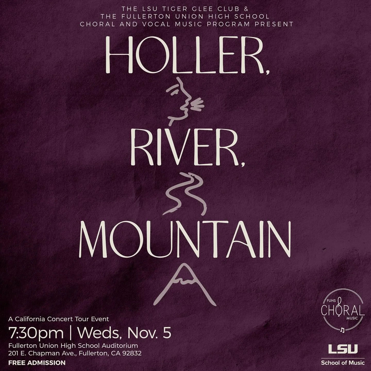 The FUHS Choral and Vocal Music Program is proud to host the Louisiana State University Tiger Glee Club for a FREE collaboration concert on Wednesday, November 5 at 7:30 p.m. Join us in the Fullerton Auditorium (201 E. Chapman Avenue, Fullerton, CA 9