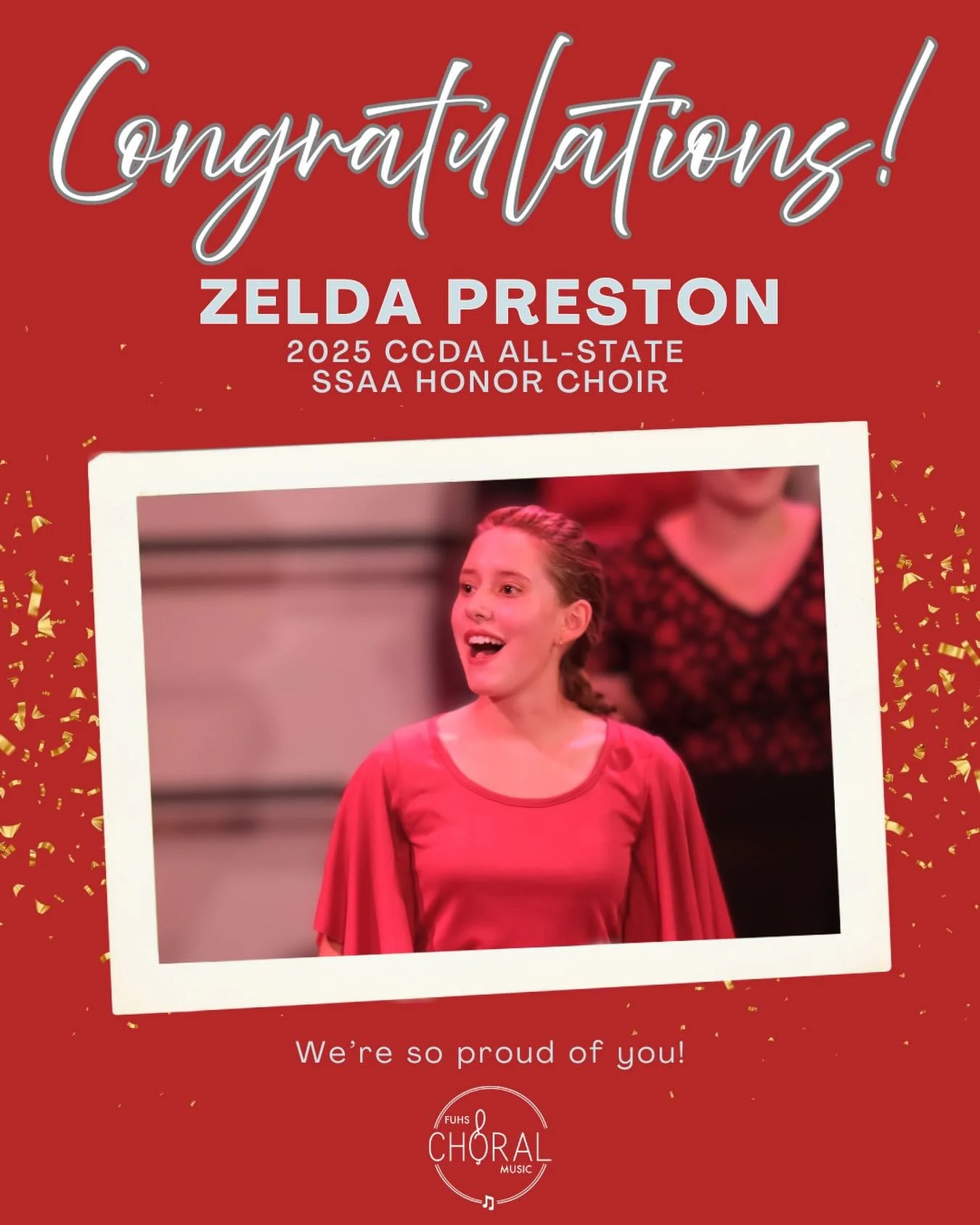 Congratulations to Zelda Preston for being accepted into the 2026 California All-State SSAA Honor Choir! We&rsquo;re so proud of you!