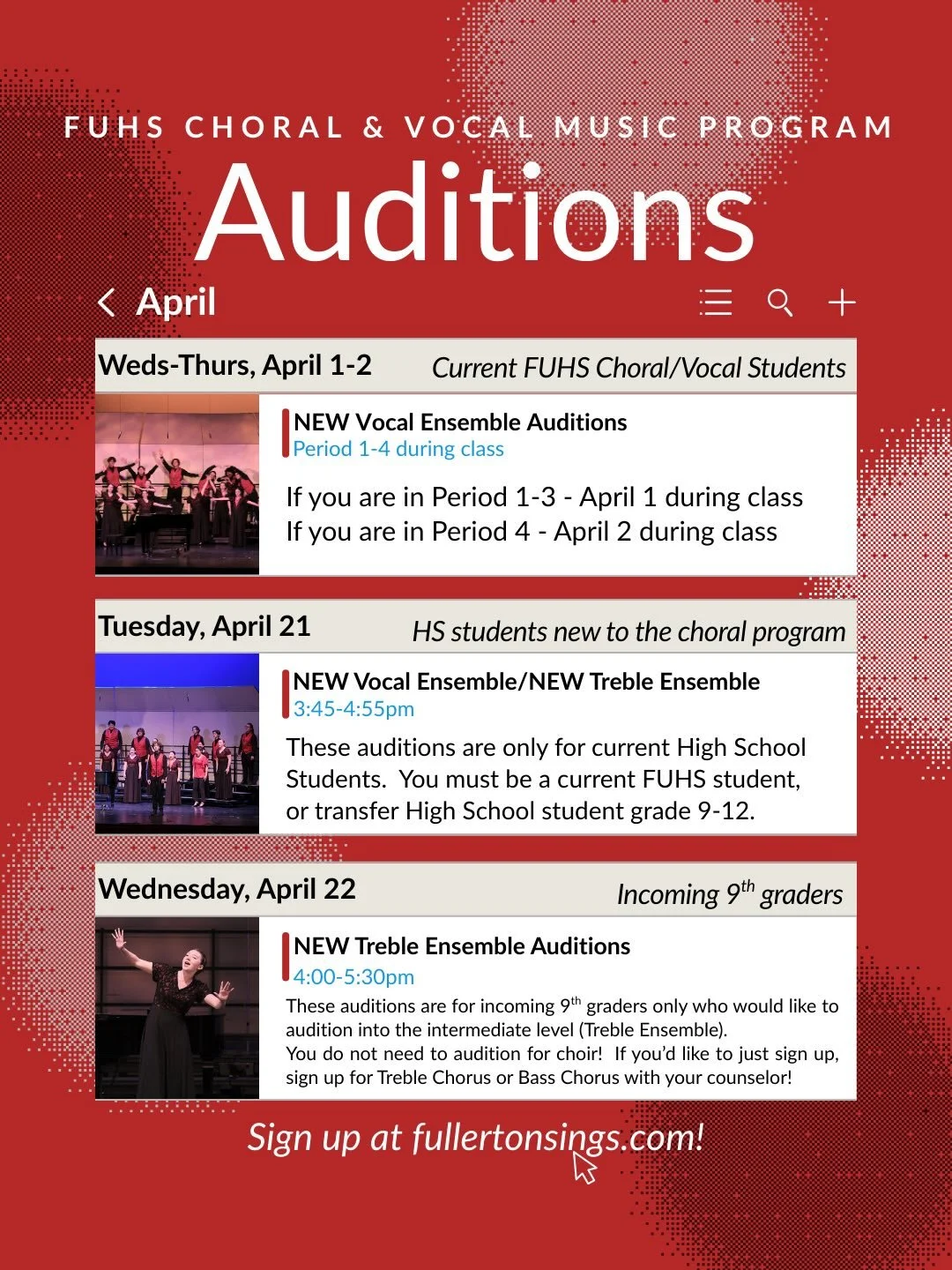 Calling all incoming students to Fullerton for the 2026-2027 school year!! Are you interested in auditions in or to a higher level? Please go to fullertonsings.com for more information and the application! 

Remember, you DON&rsquo;T have to audition