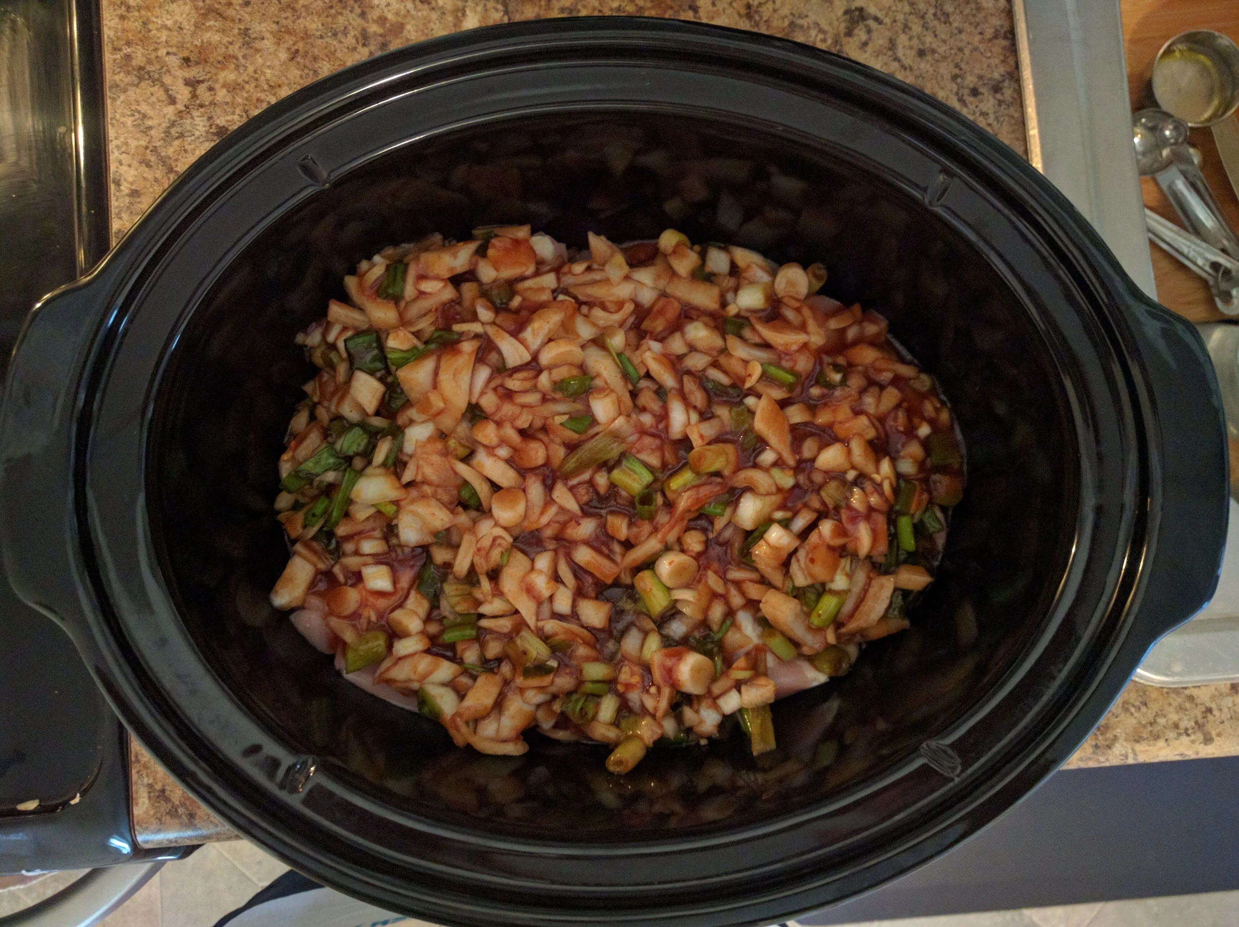 Ready to cook for 8 hours on low! It is actually torture to smell this all day and not be able to eat it!