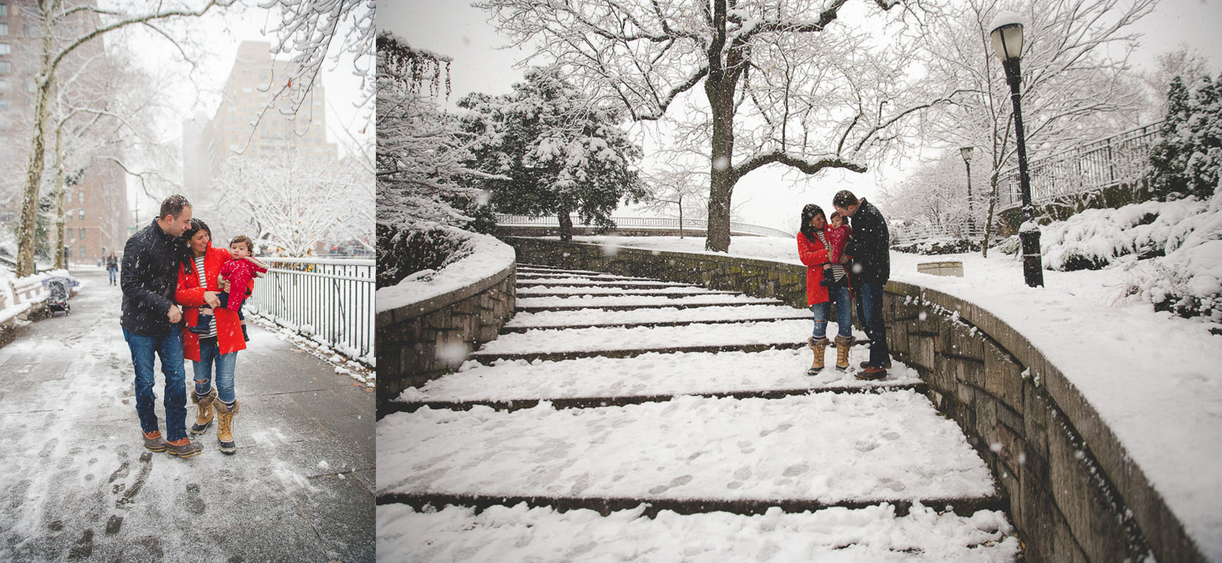 Family session in Carl Schurz Park during snow storm
