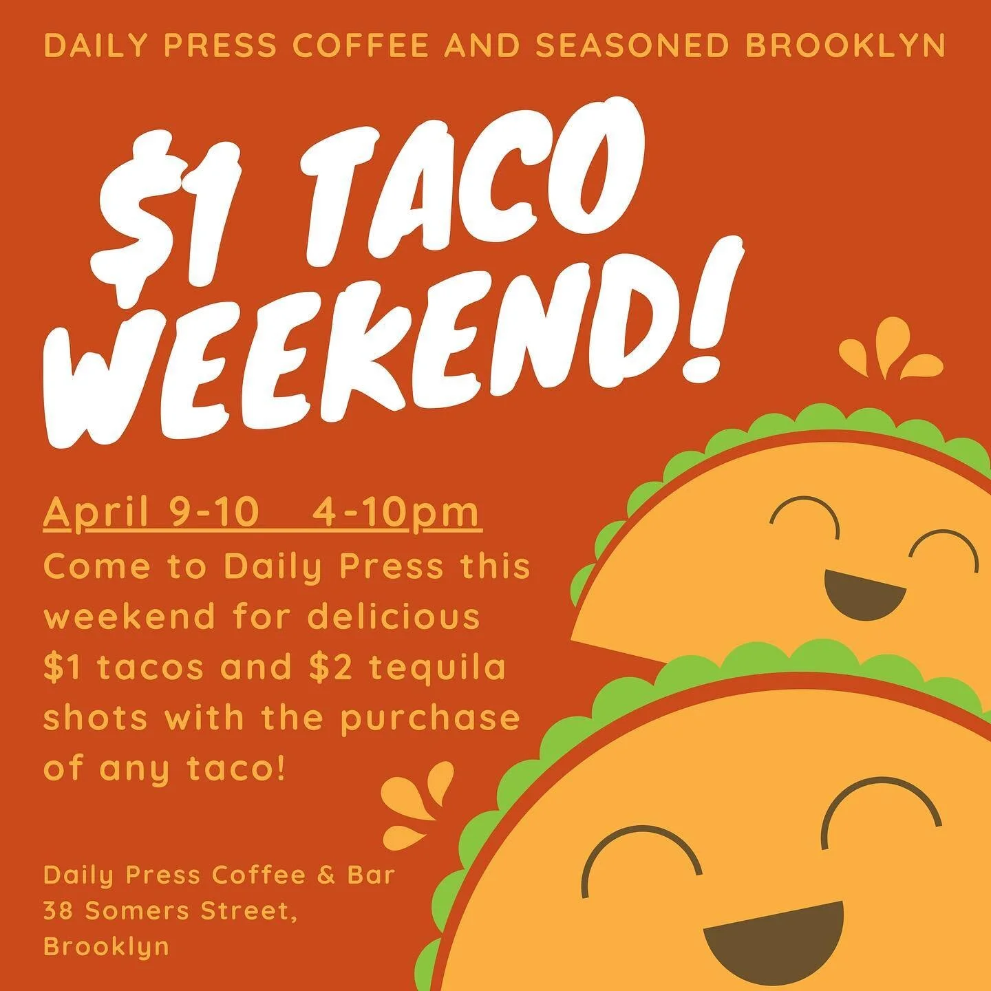 It&rsquo;s taco time this weekend! Come by on Friday or Saturday from 4-10 PM for $1 tacos and $2 tequila shots!
Think you&rsquo;ve got what it takes to beat the current taco eating record? 9 in one sitting! Winner of the weekend gets a prize as dete
