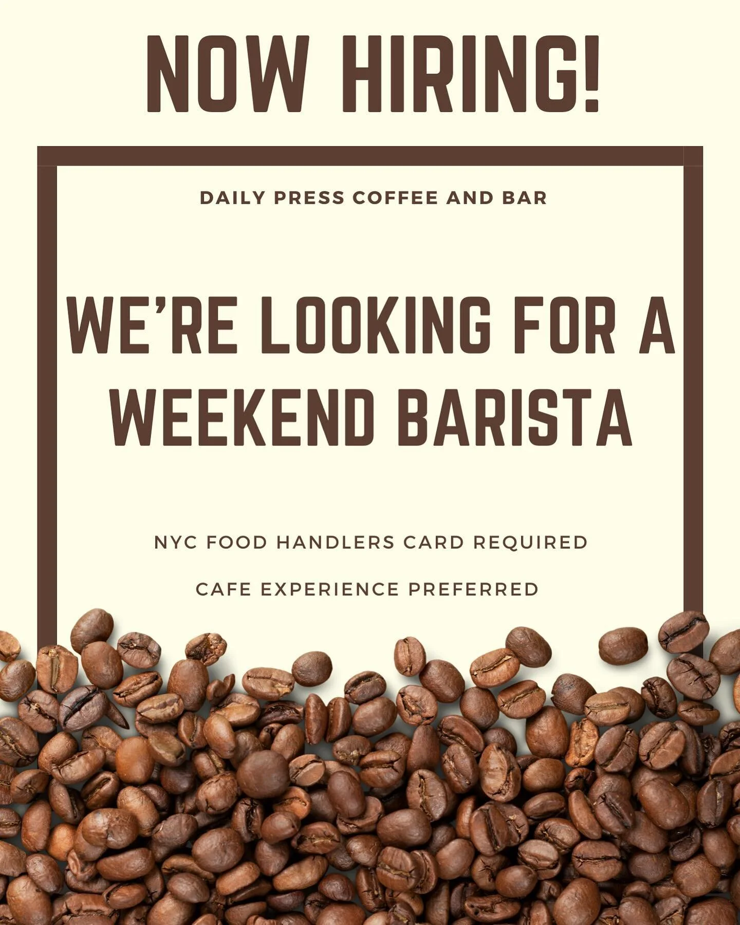 We need a New weekend barista !!! NYC food handlers is a must !! We prefer barista experience but are willing to train. Please email your resume to Contactus@dailypresscoffee.com applications are available on our website also. #barista #hiring #coffe