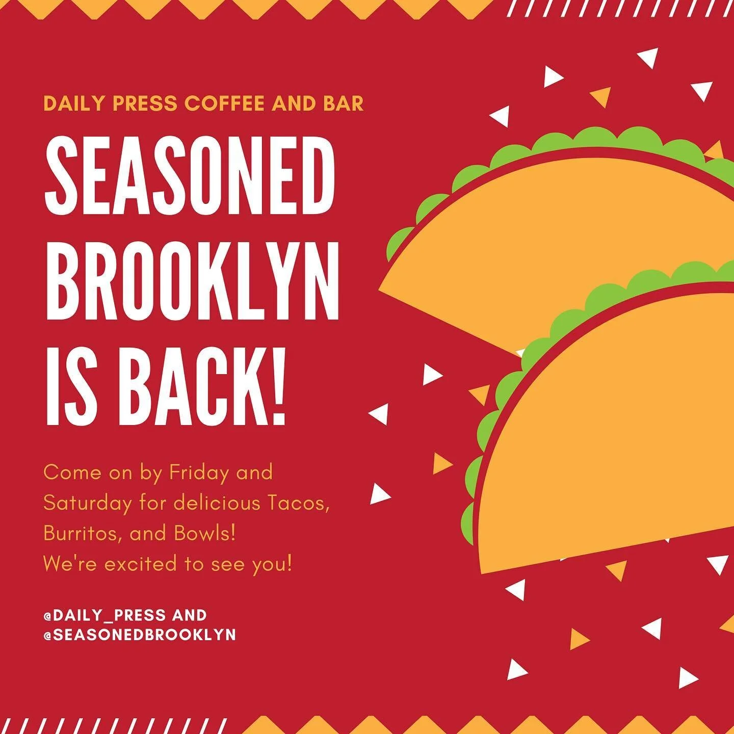 We&rsquo;re back at it folks! Friday and Saturday! Come on by for Tacos, Burritos, Beers and Bowls!
Tacos - 1x $5 or 3 for $15
Bowls - $14
Burrito - $14