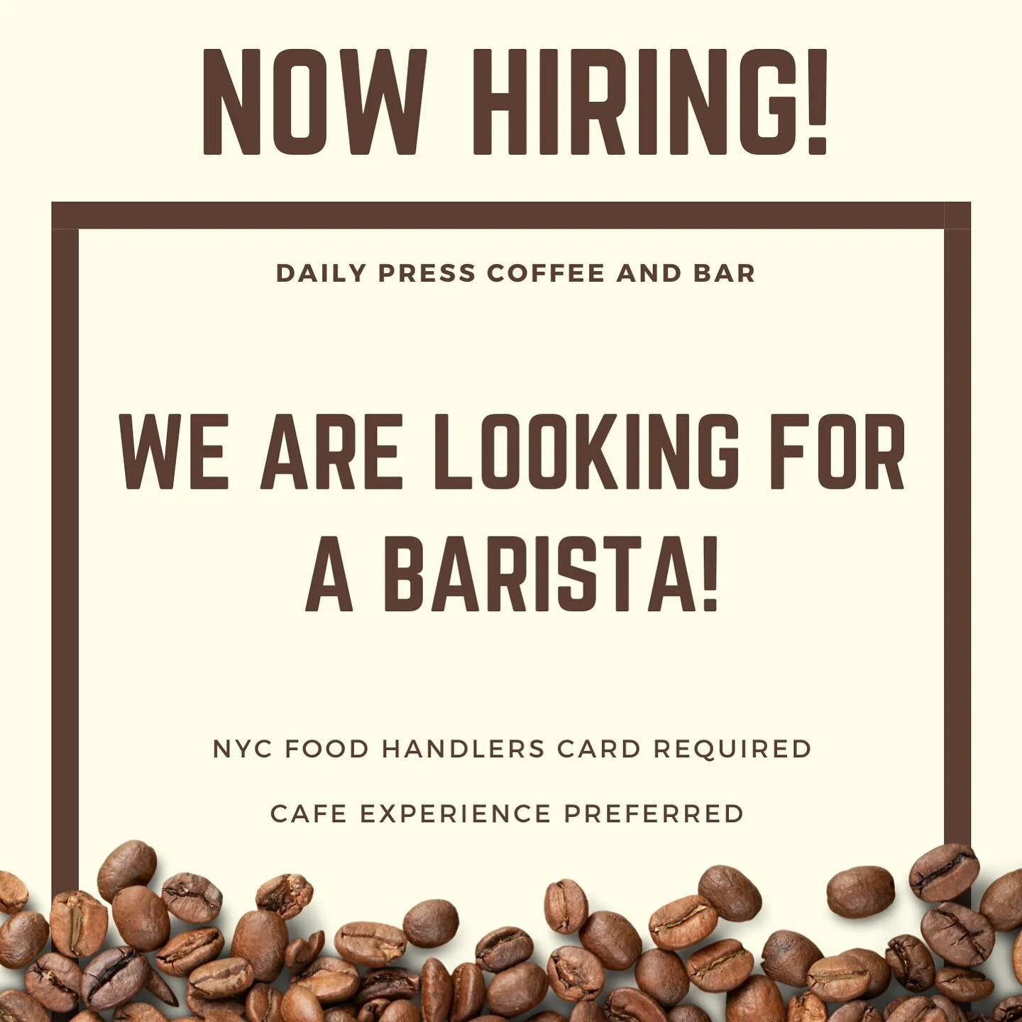 We&rsquo;re looking for a barista! Please send your resume to contactus@dailypresscoffee.com
Feel free to DM us with questions.