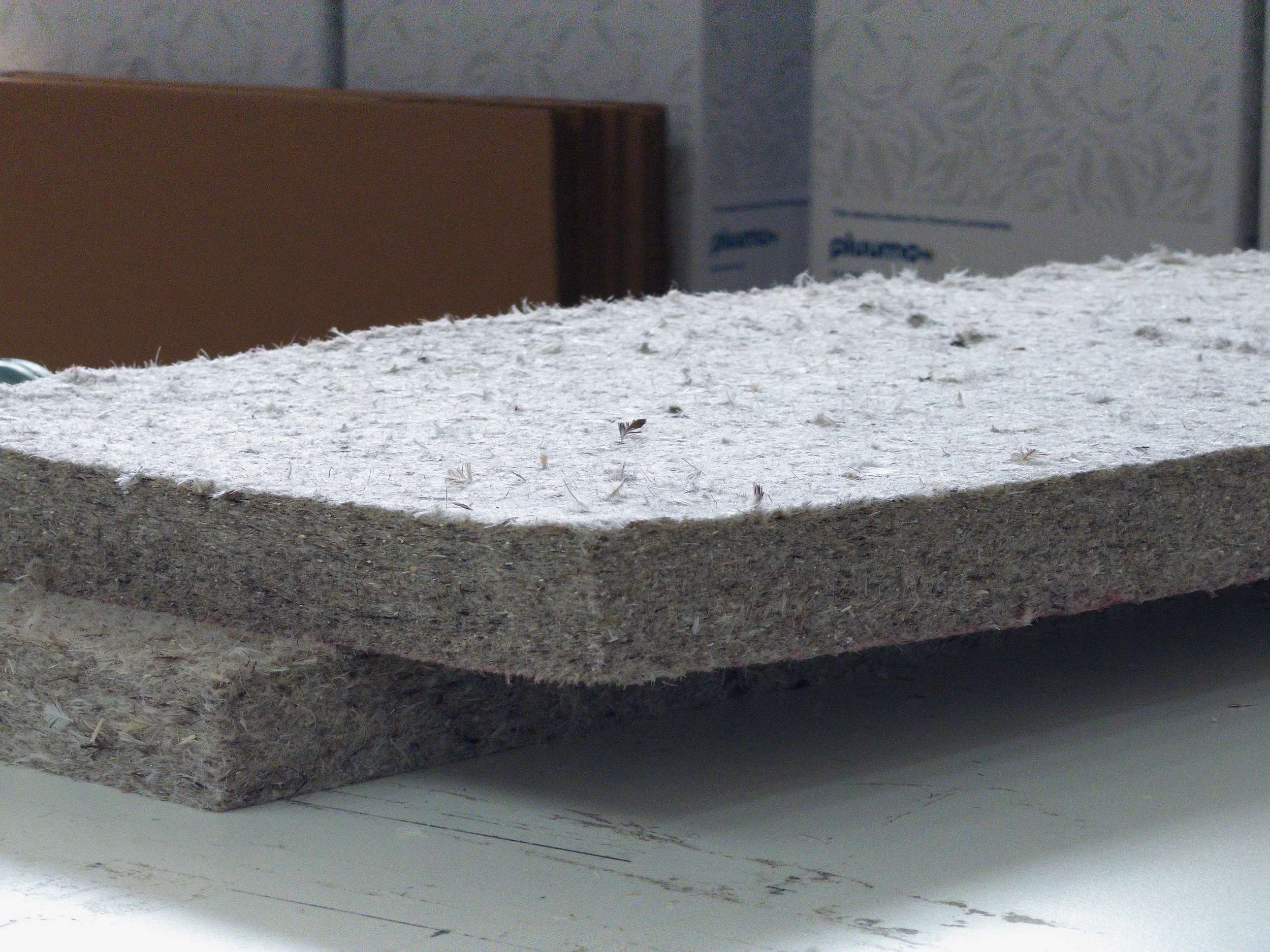 The image shows a cross-section of a carpet sample, revealing layers of the carpet's construction, including the pile, cushion, and backing layers.