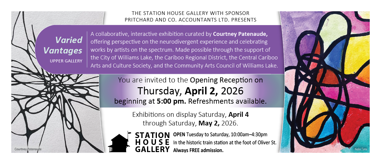 A media graphic that has two ink and paint images on the left and right, and feature text highlights on purple and grey backgrounds. The text invites viewers to an art exhibition called 'Varied Vantages' exploring neurodiversity in our community.