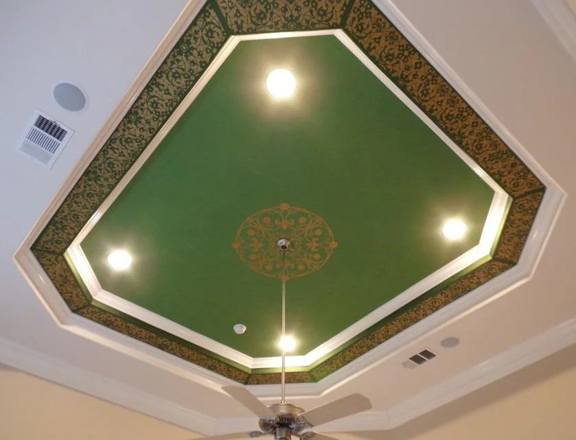Hand painted green and gold leaf ceiling