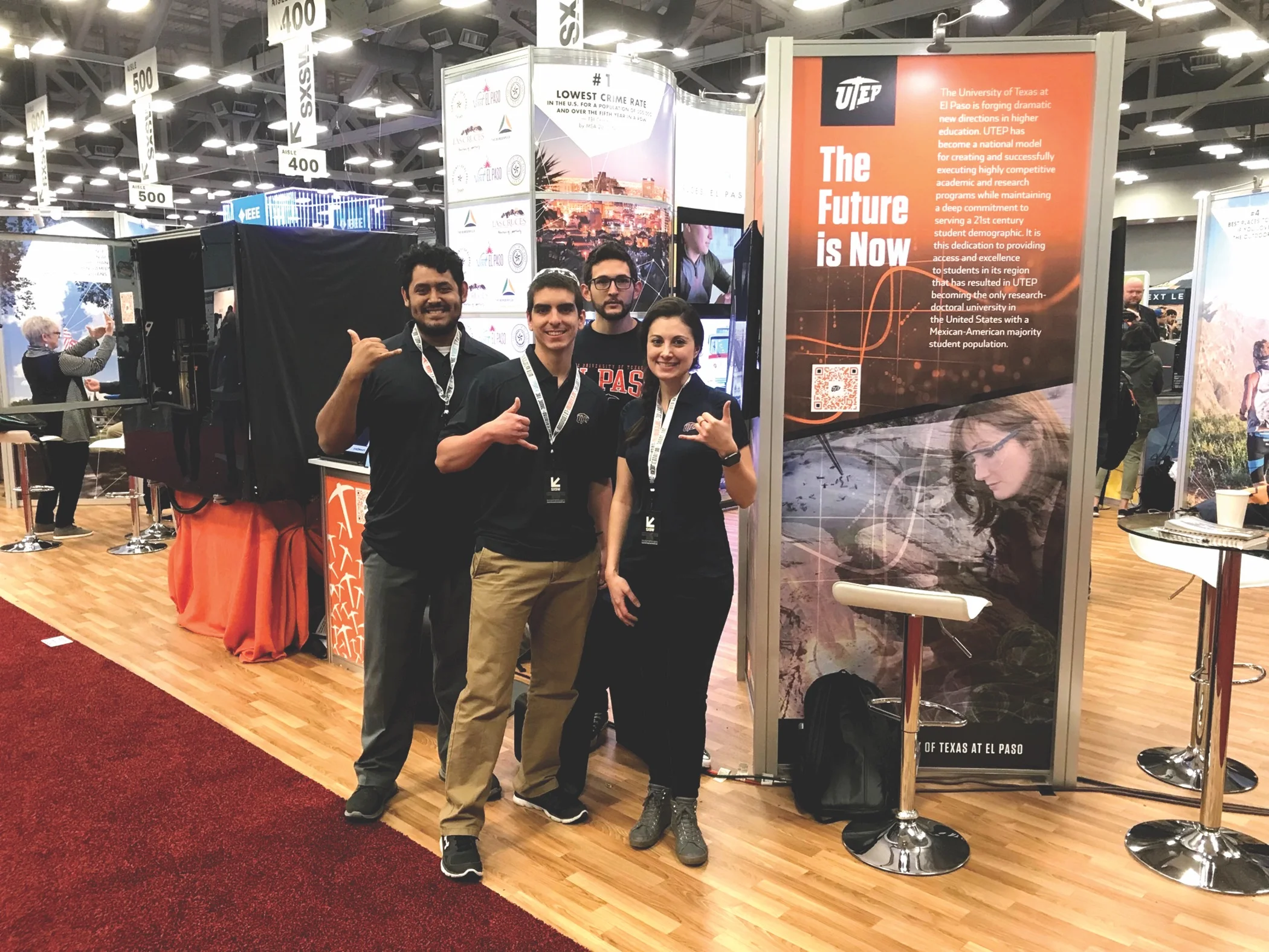 Above: A delegation from The University of Texas at El Paso attended the South by Southwest festival in Austin in March to showcase the University’s growing list of technological advancements and learning opportunities. Attendees included, from left, Jose F. Motta, graduate research assistant for the W.M. Keck Center for 3D Innovation; Xavier Jimenez, graduate research assistant for the Keck Center; Erik Pavia, clinical professor in UTEP’s College of Business Administration; and Laurie Banitch, development officer for Asset Management and Development. Photo: Courtesy