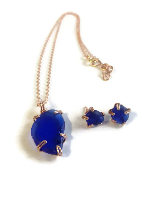 Ellie - NE101 - Cobalt blue seaglass rose necklace and earring set.jpg