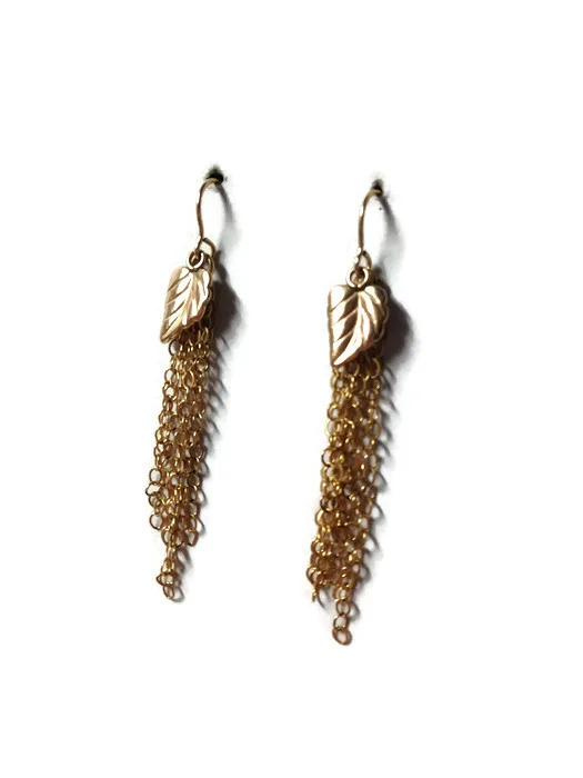 Leifana - E106- gold fill leaf chain earrings 1 side view.jpg