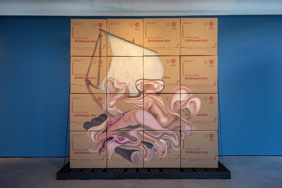   Balikbayan: Boxes of Longing  (2025) Intel Lastierre oil on cardboard balikbayan boxes 103” x 108” 32” 