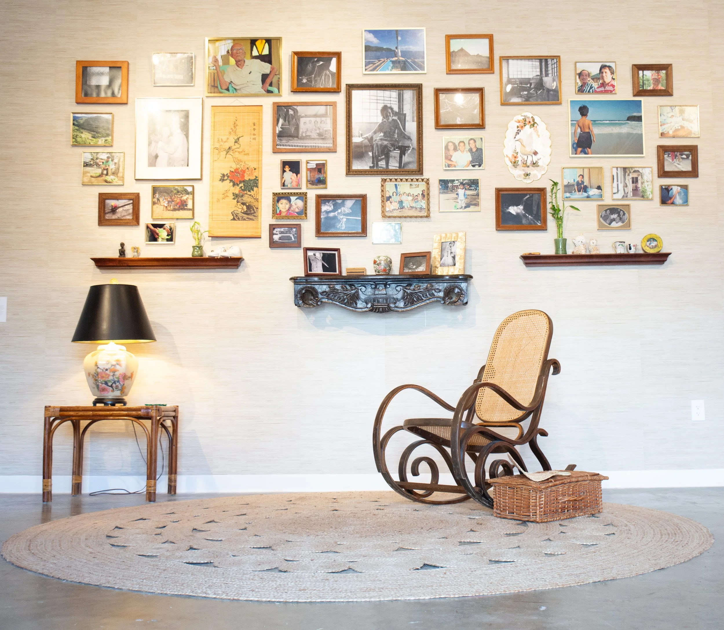   Inherited Memories  (2024) PJ Raval celluloid and digital photography printed on archival paper with frames, various domestic objects, wall hangings, and home furnishings size variable   